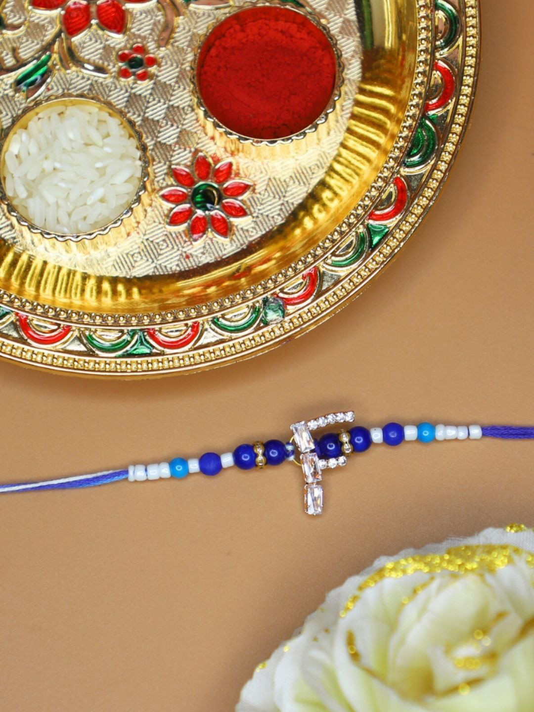 House of Pataudi Alphabet F Initial Rakhi With Roli Chawal & Greeting Card