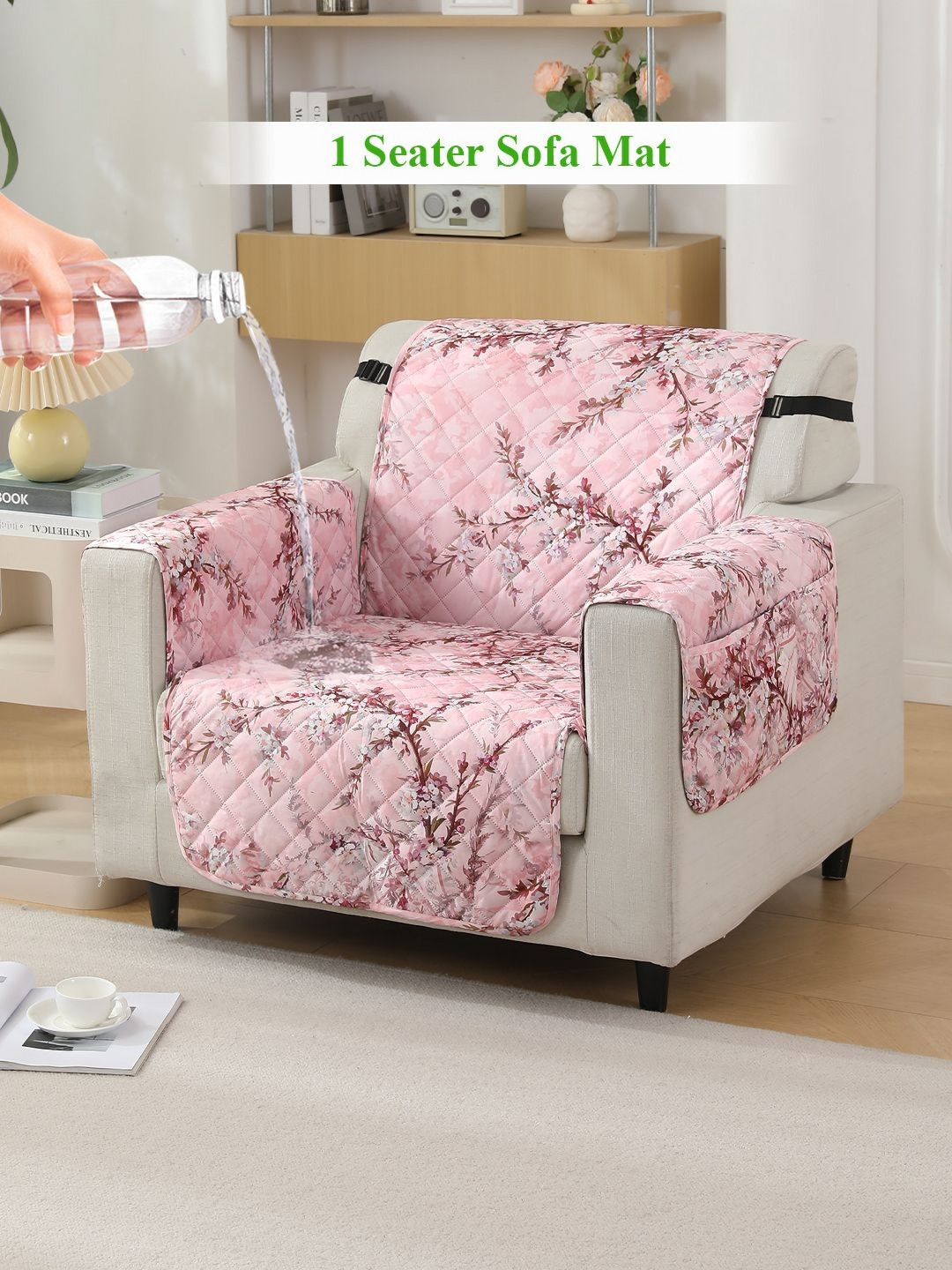 HOKIPO Pink Quilted Printed 1 Seater Waterproof Sofa Cover With pockets on Armrest Cover