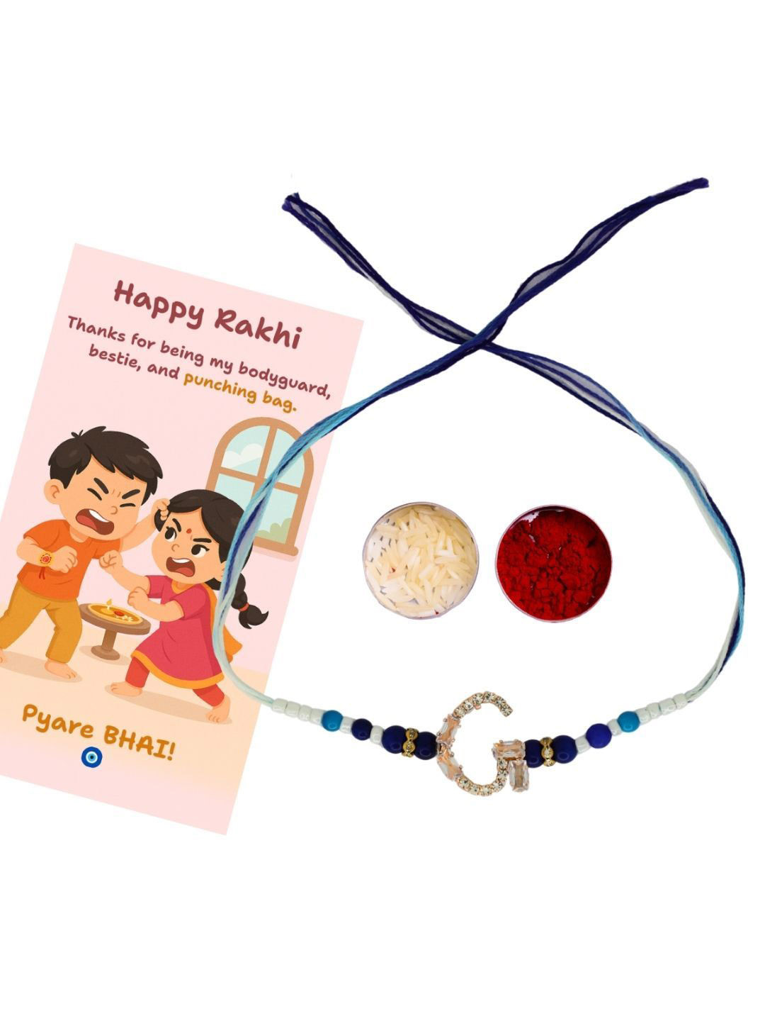 House of Pataudi G Alphabet Rakhi With Greeting Card & Roli Chawal