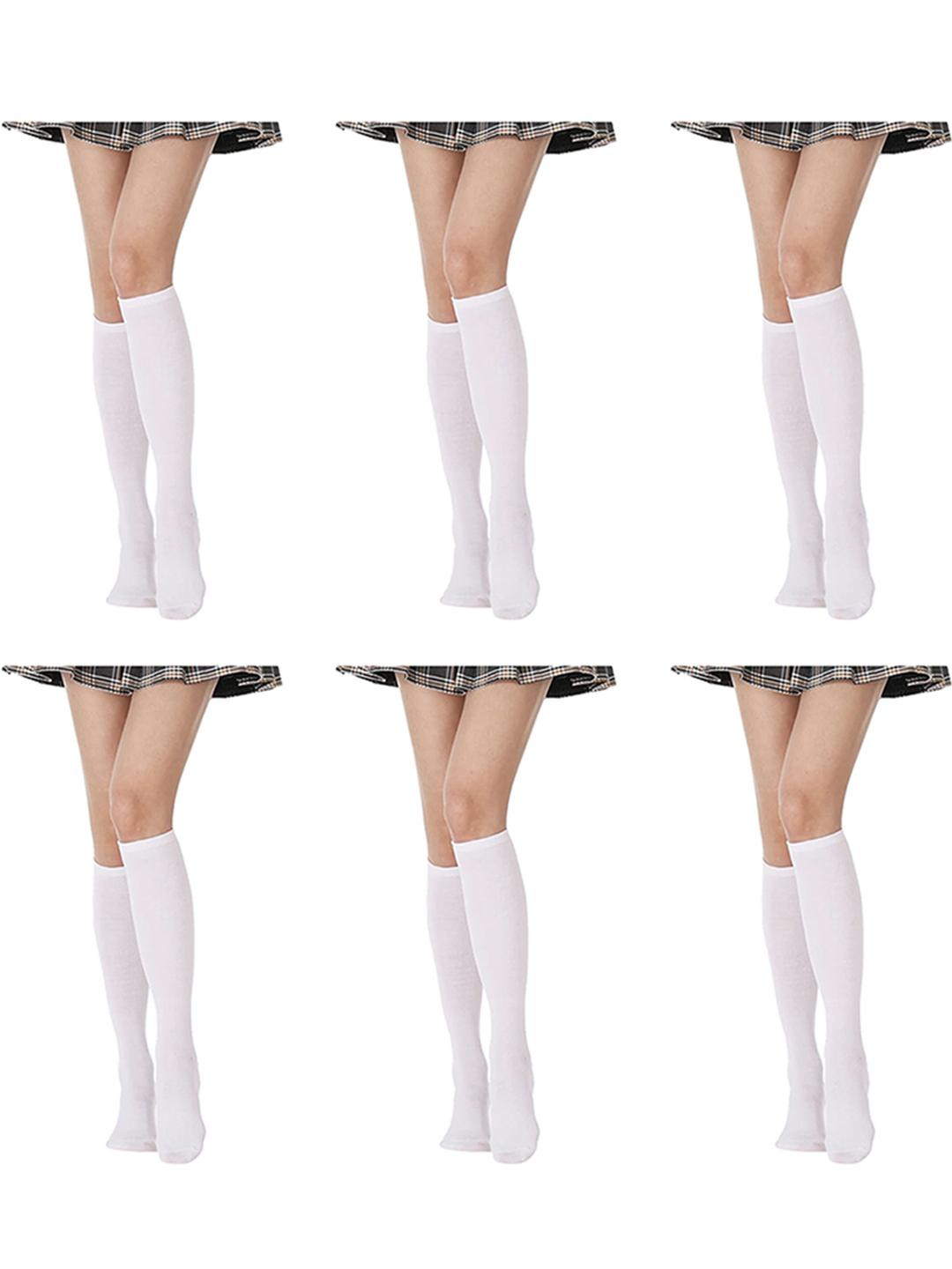 MUKHAKSH Women White Cotton Pair Of 6 Knee Length Socks