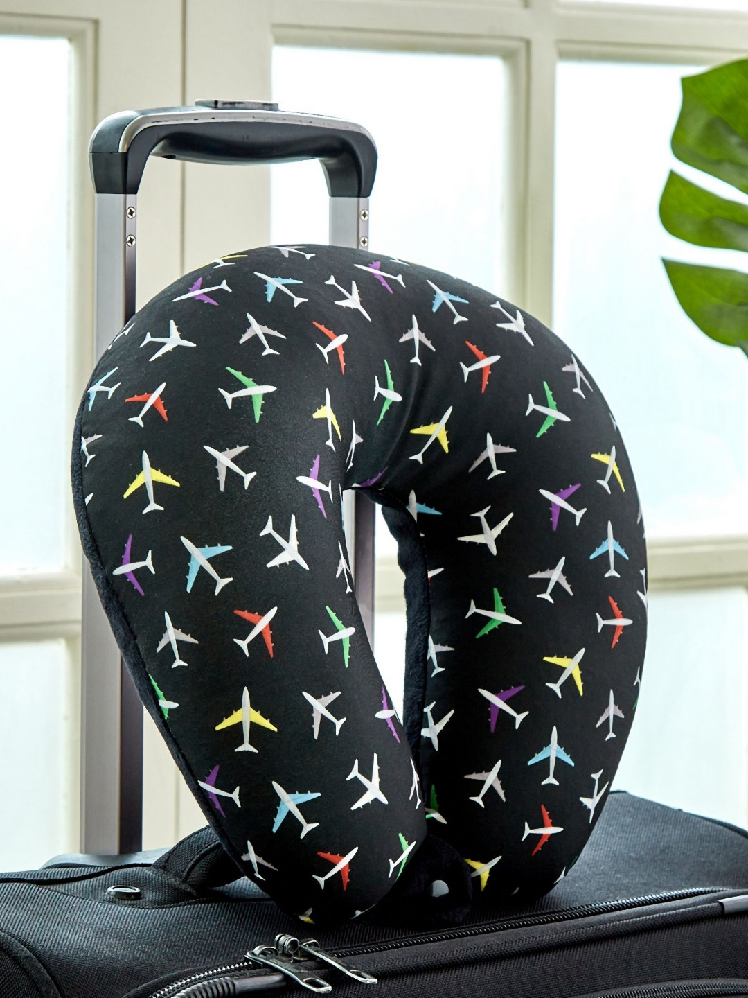 Home Centre Black Graphic Printed Memory Foam Filled Ultra Soft Travel Pillow