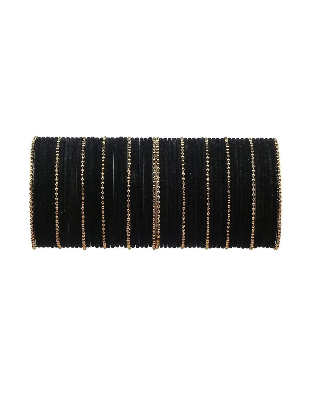 Guddan Set of 60 Black & Golden Metal Velvet Bangle Set