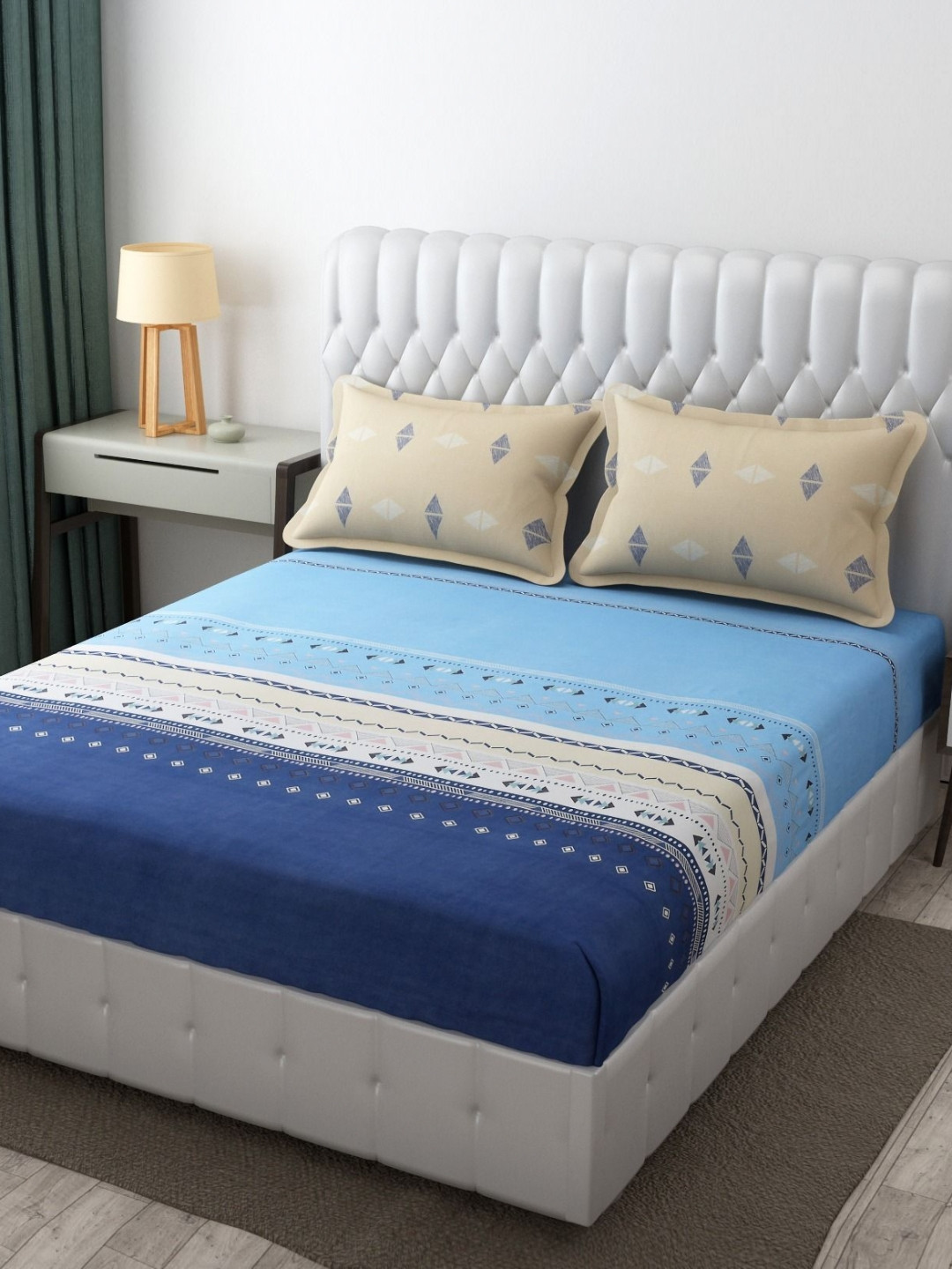 KIDS WONDERS Blue & White Geometric Microfiber 300 TC Double King Bedsheet Set-2.74mx2.74m