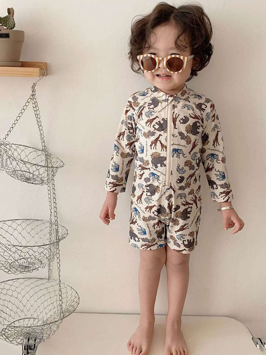 LULU & SKY Boys Geometric Printed Round Neck Long Sleeves Swim Dress Attached With Short