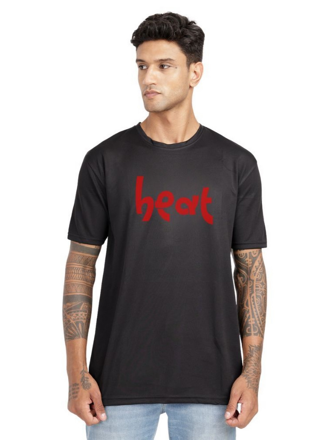 Black and Red Typography Printed Round Neck T-shirt