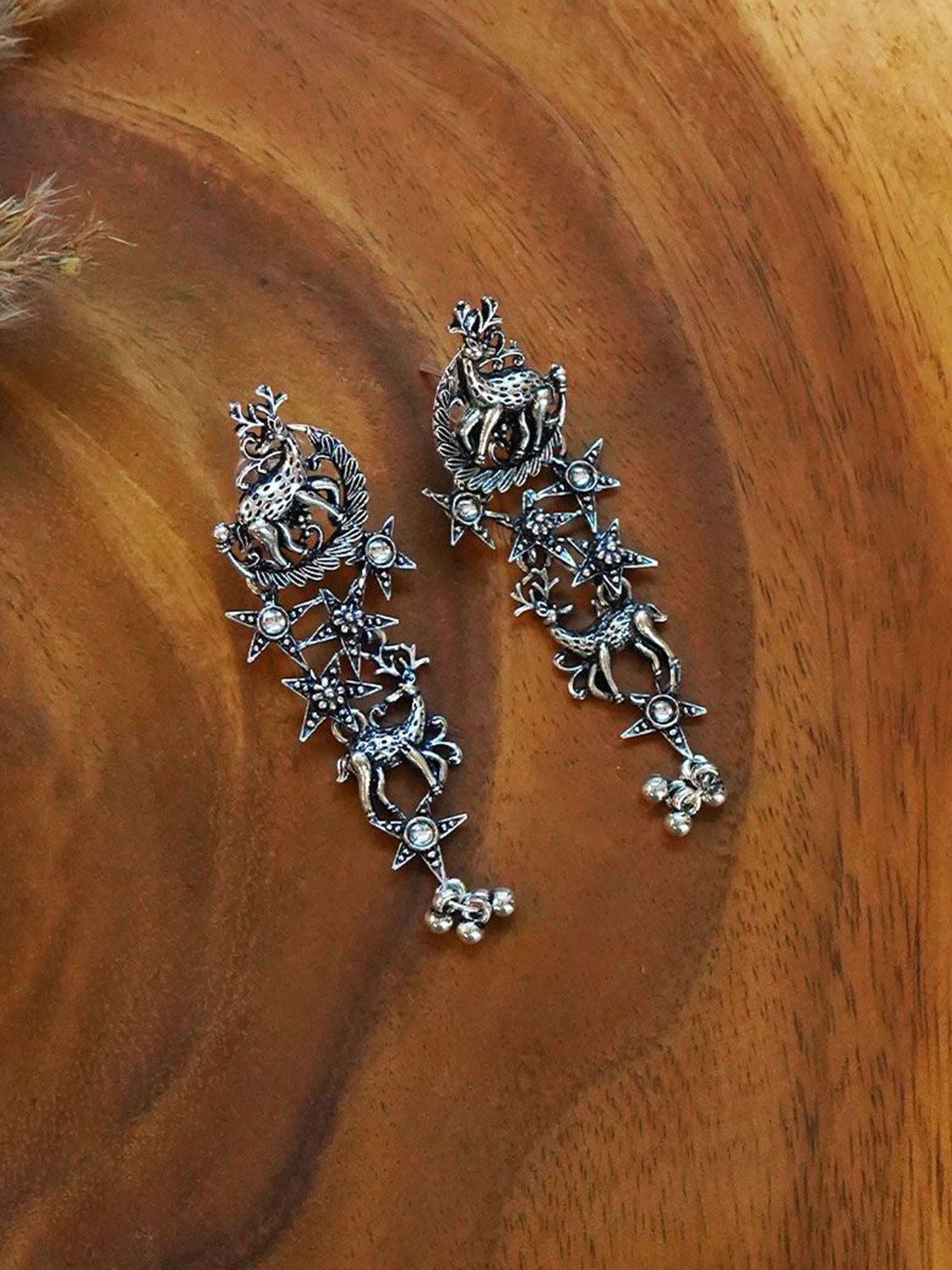 trueBrowns Sliver-Plated Artificial Stones And Beads Animal Shaped Oxidised Drop Earrings
