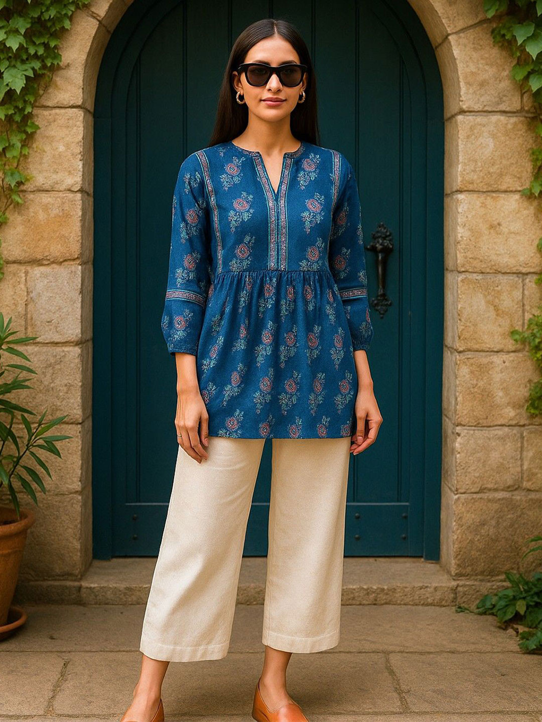 THIRD QUADRANT Women Ethnic Motifs Printed V-Neck Short Kurti