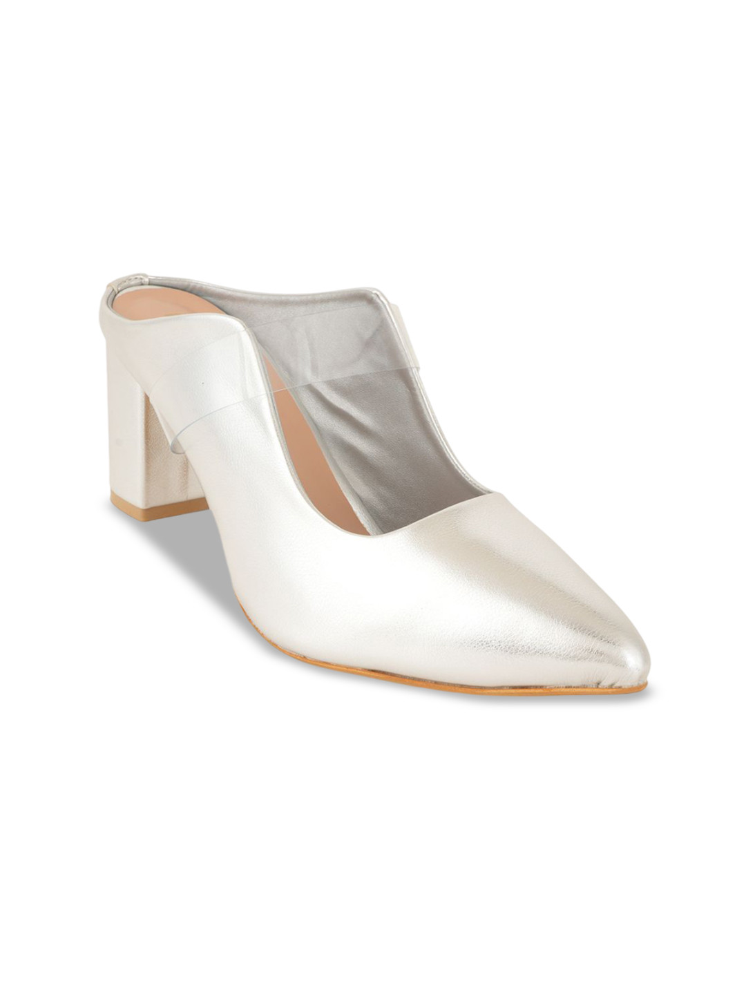 MOZAFIA Women Metallic Pointed Toe Block Heel Mules