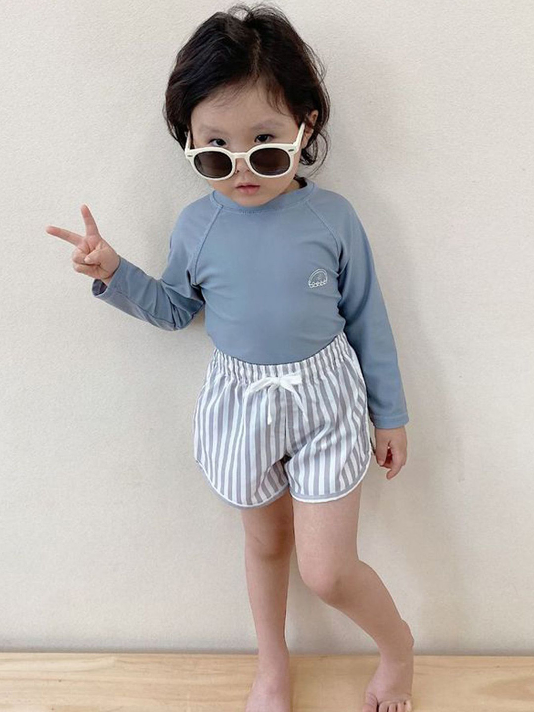 LULU & SKY Boys Striped Round Neck Long Sleeve T-Shirt & Short Swim Set