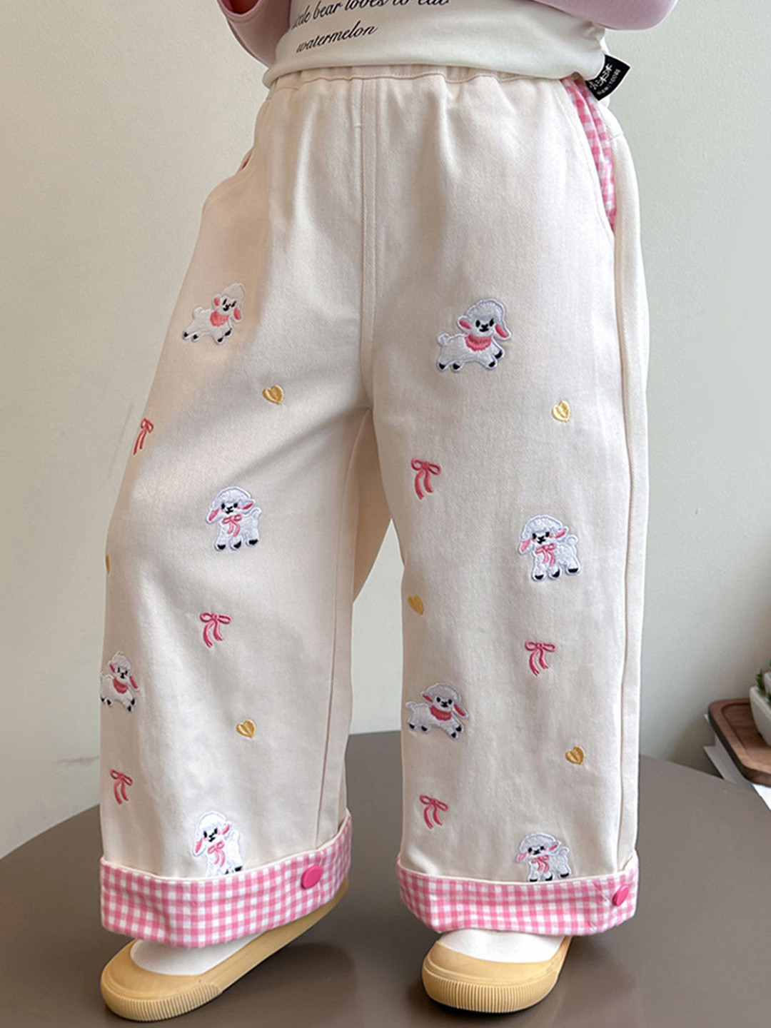 LULU & SKY Girls Conversation Embroidered Gingham Wide Leg Culottes Trousers