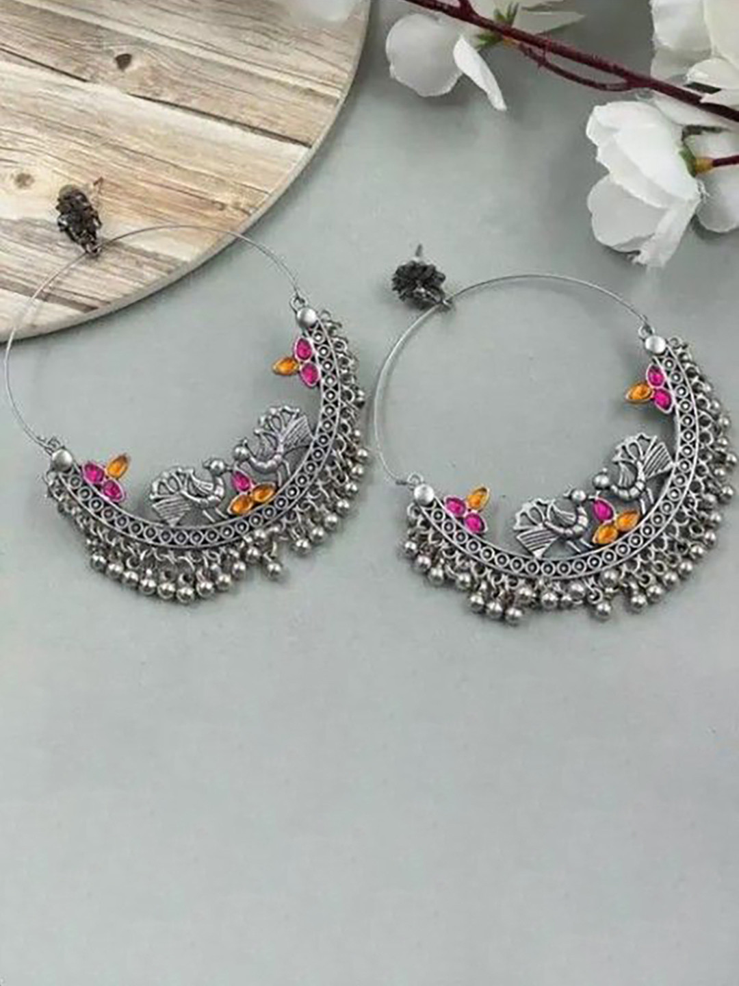 Samridhi DC Ghunghru Beaded Oxidised Peacock Shaped Drop Earrings