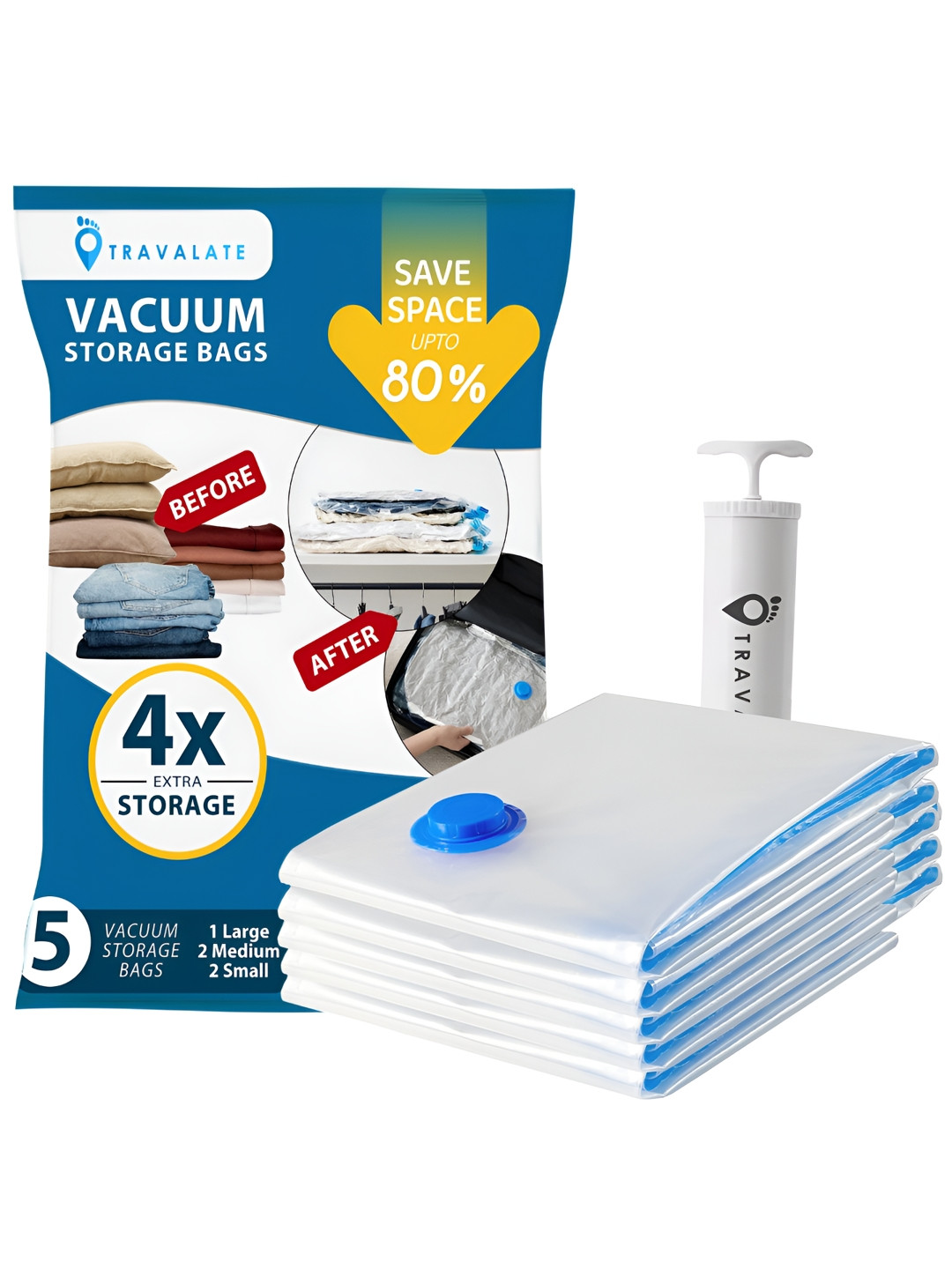 TRAVALATE Transparent 5 Pieces Water Resistant Vacuum Bag Organisers