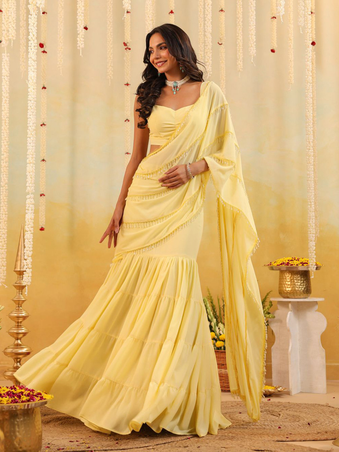 B'Infinite Butter Yellow Embellished Draped Pure Georgette Fusion Saree