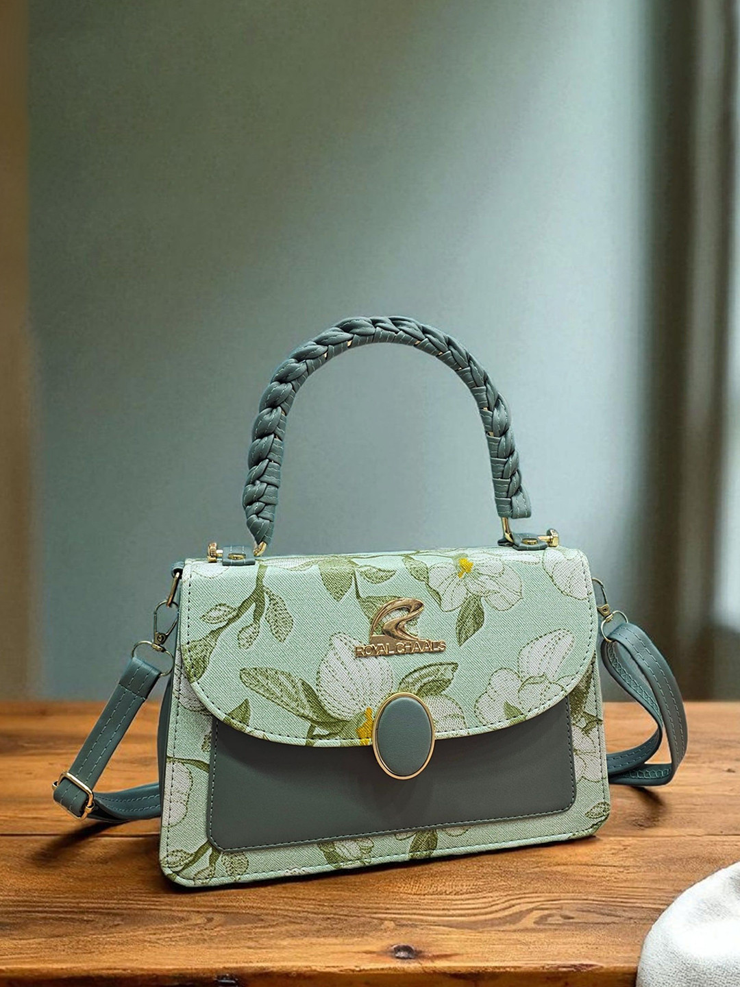 ROYAL CHAALS Floral Printed Structured Buckle Handheld Bag
