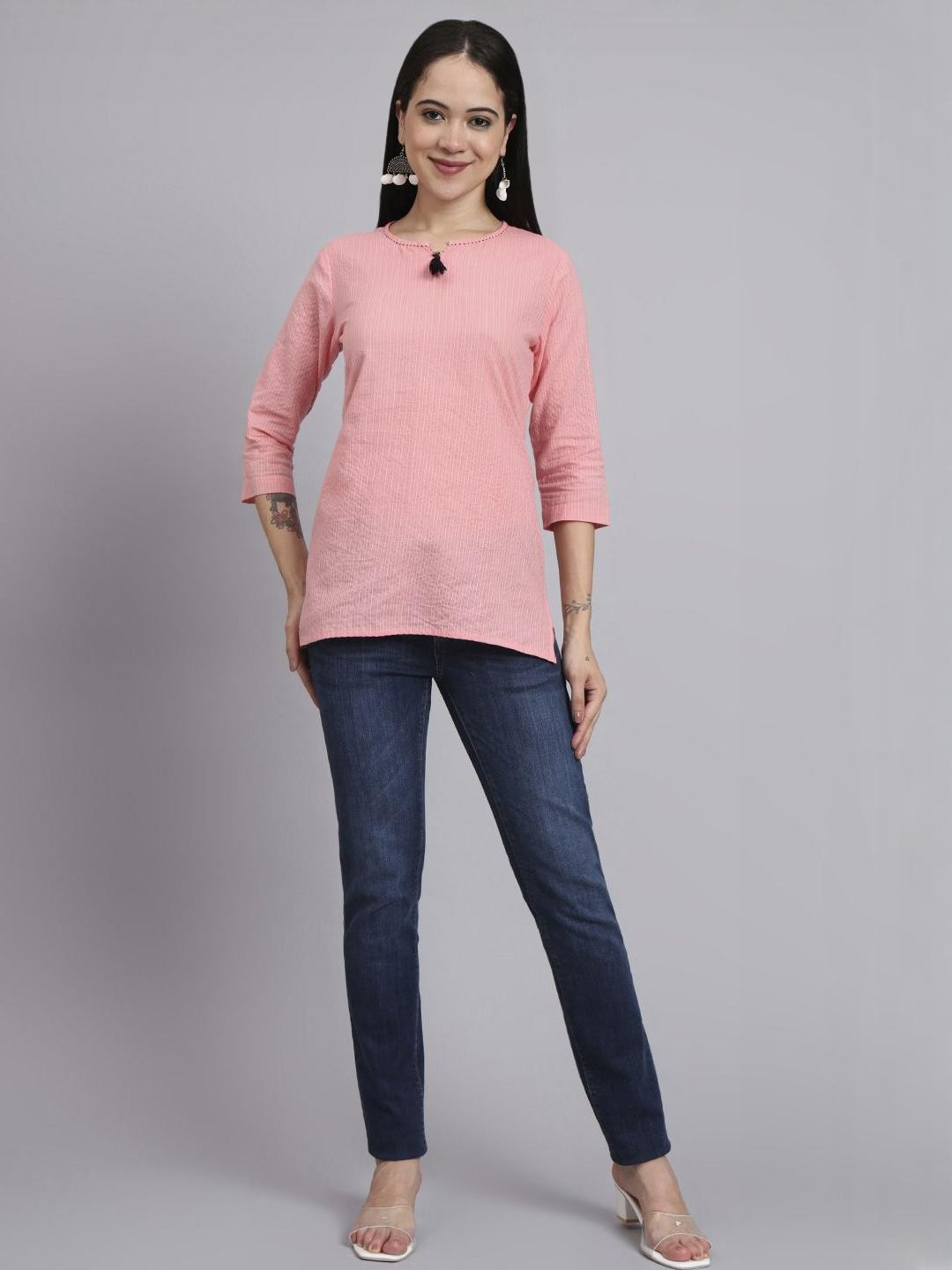 aayusika Women Striped Round Neck Cotton Katha Top