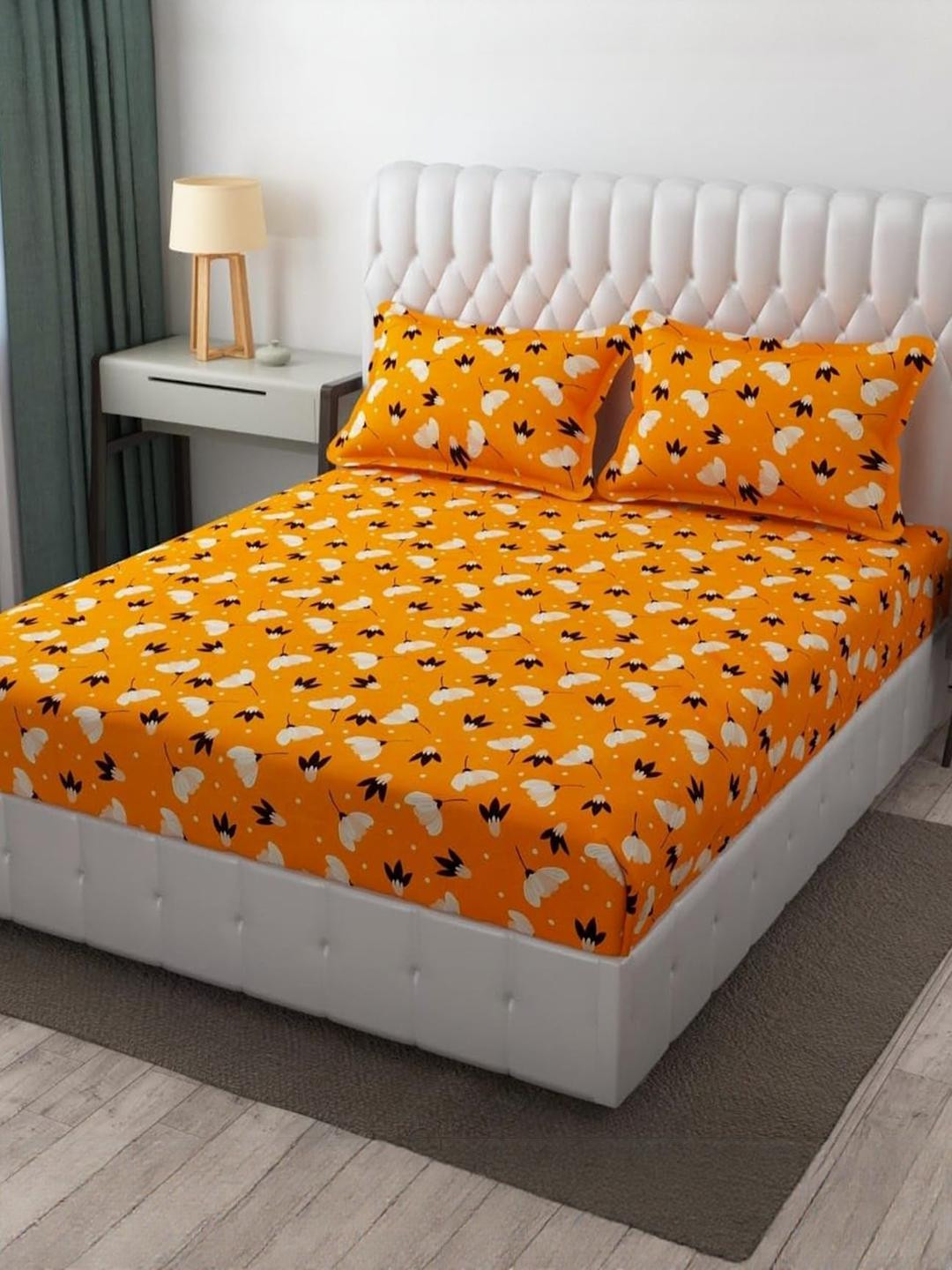 TINDLER KNOTS Orange Floral 330 TC King Bedsheet with 2 Pillow Covers