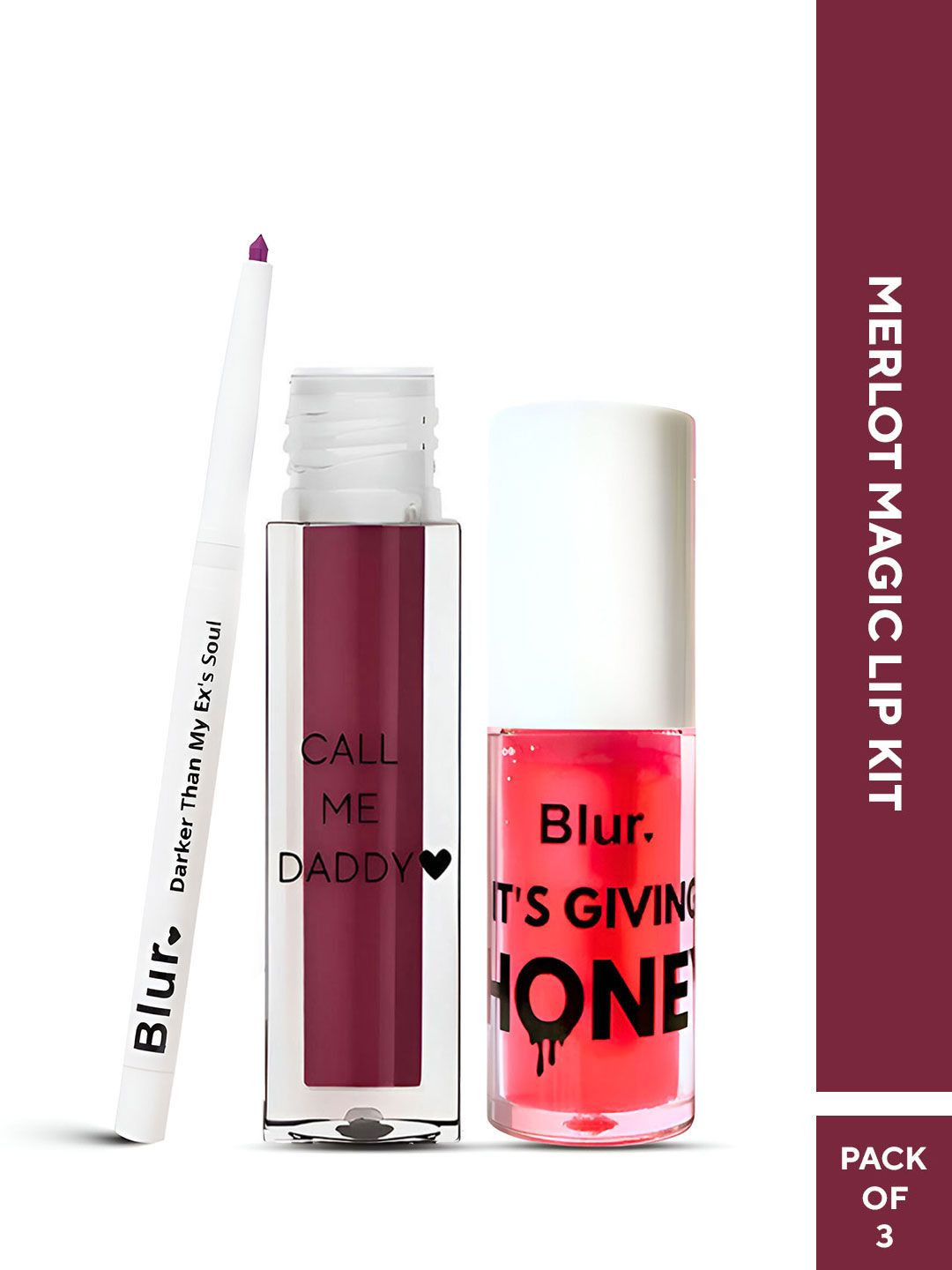 BLUR INDIA Set Of 3 Lipstick, Its Giving Honey Lip Oil & Darker Than My Ex's Soul Kajal