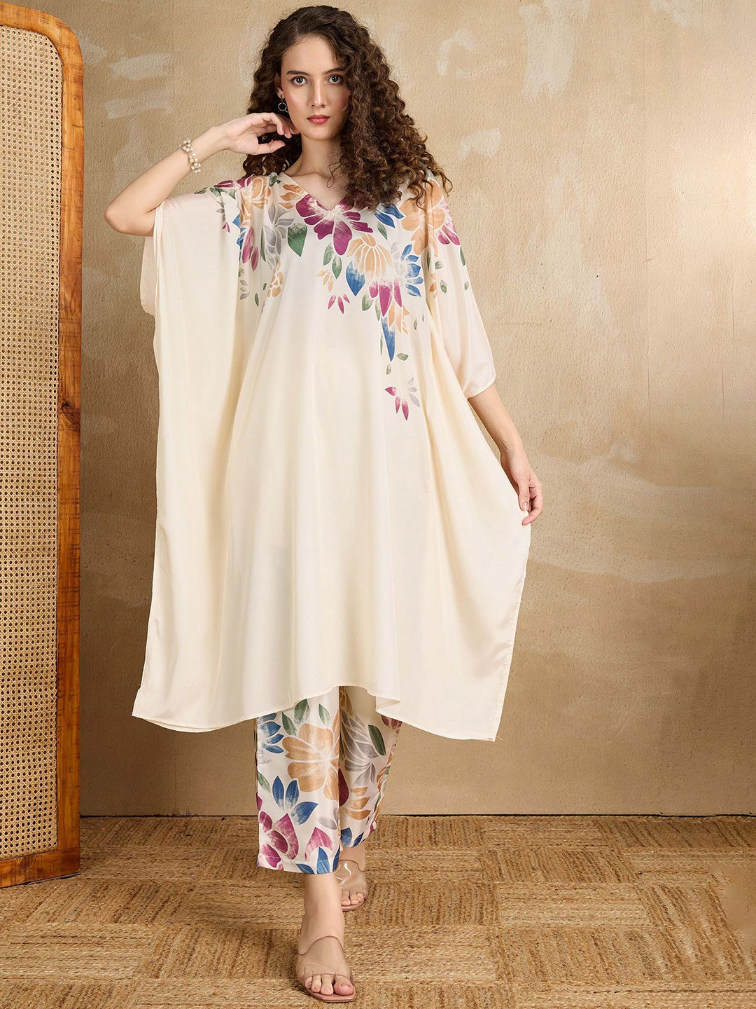 LABEL AARNA Women Minimal Muse Printed V-Neck Silk Crepe Co-ord Set