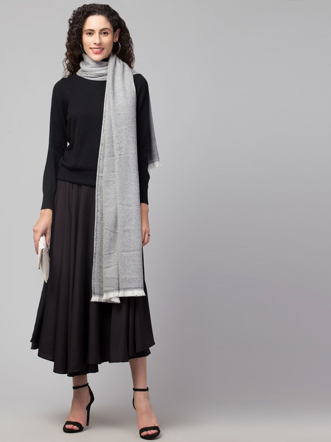 Tweedle Heringbone Design Wool Stole With Fringes