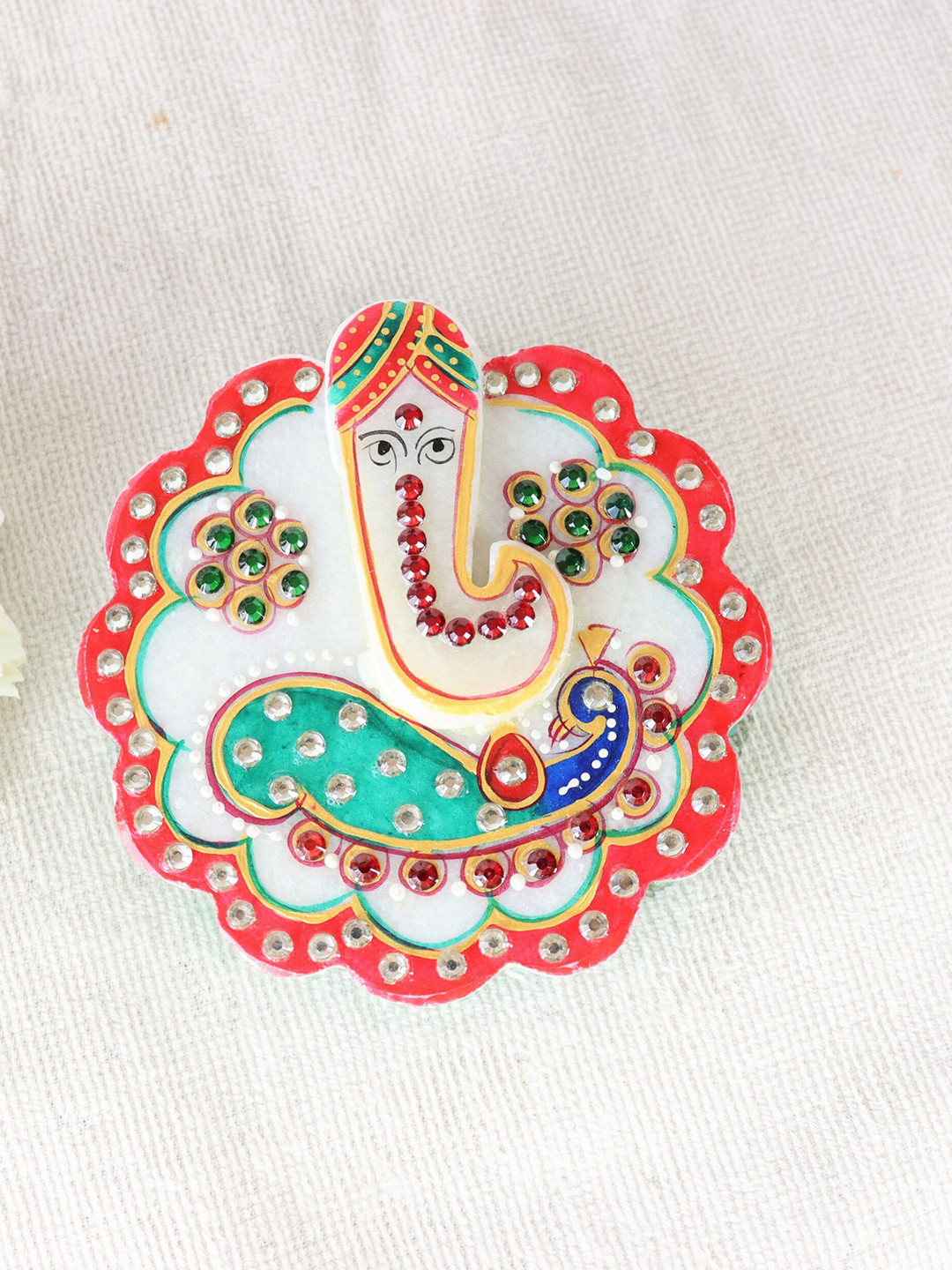 CRAFTAM White & Red Marble Made Round Shape Roli Rice Kumkum Ganesh Chopra