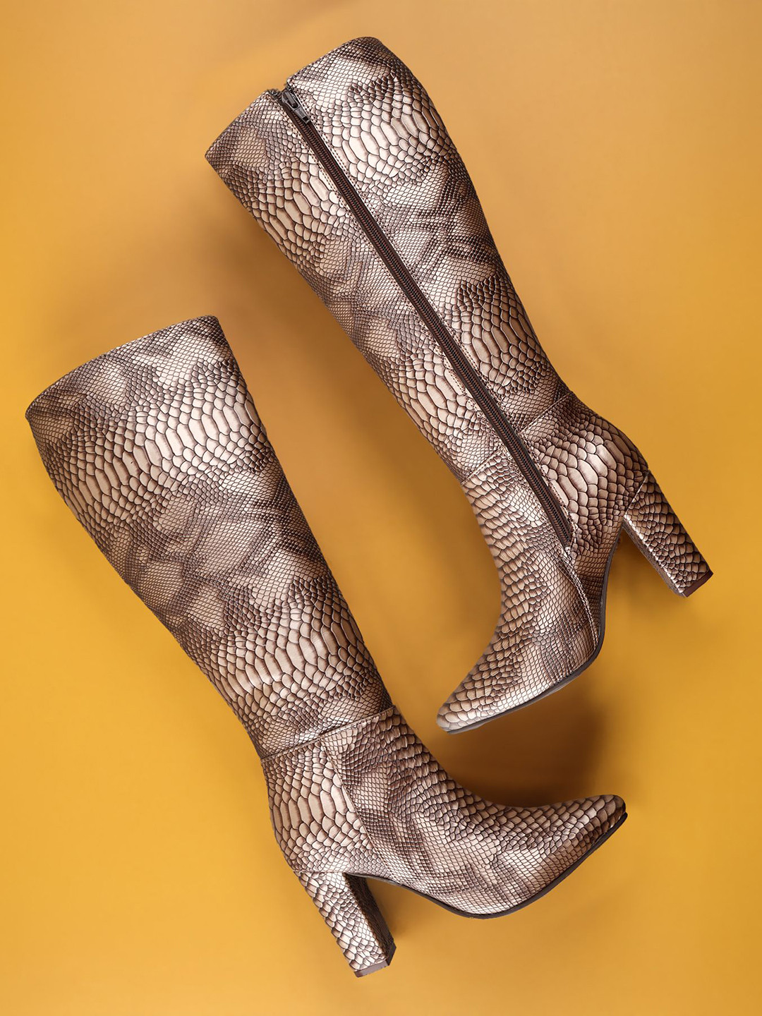 Bxxy Women Snake-Pattern Embellished Block Heel High-Top Boots