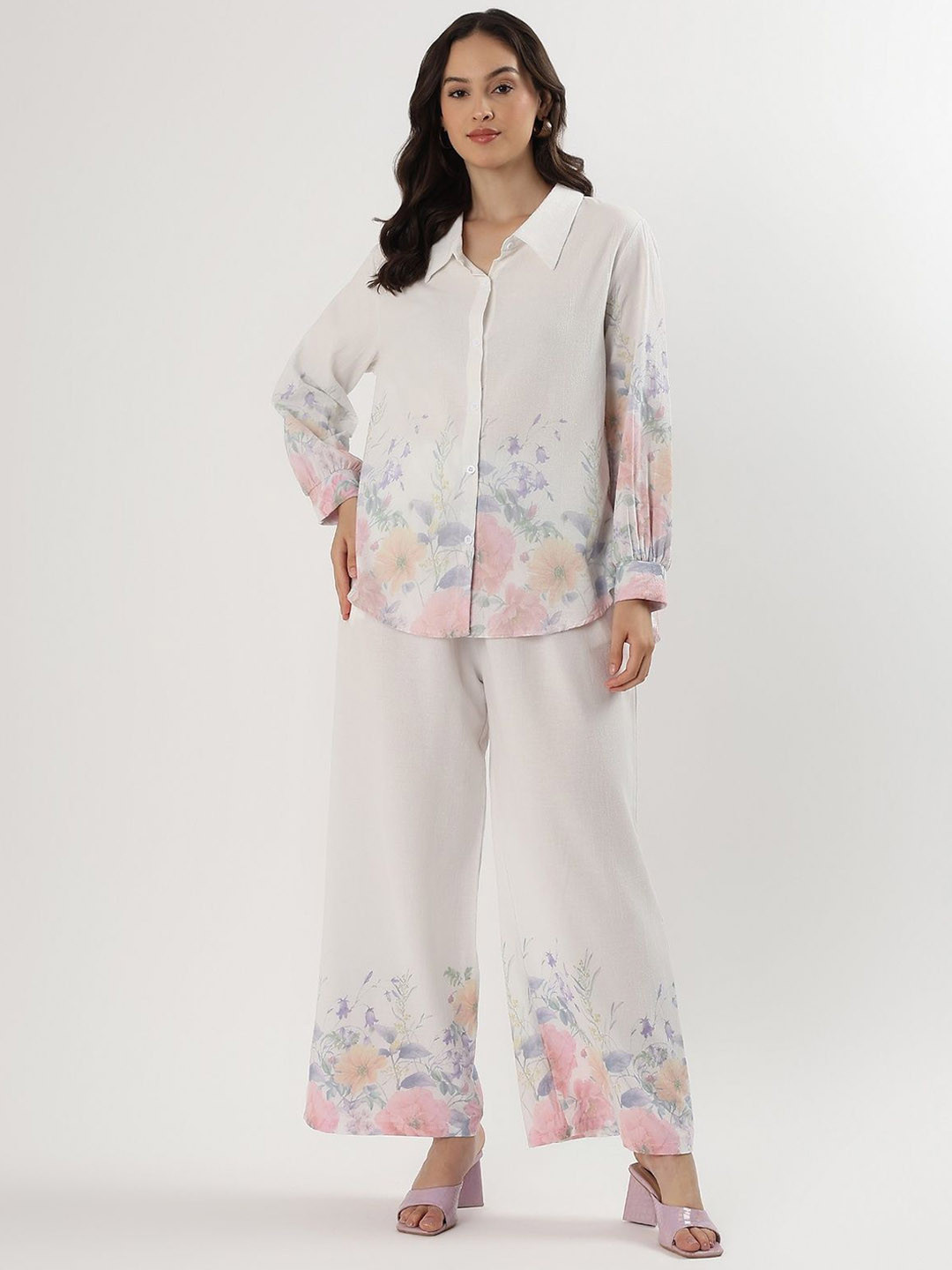 Beyond Pink Printed Collared Neck Long Sleeve Shirt With Trouser Co-Ords