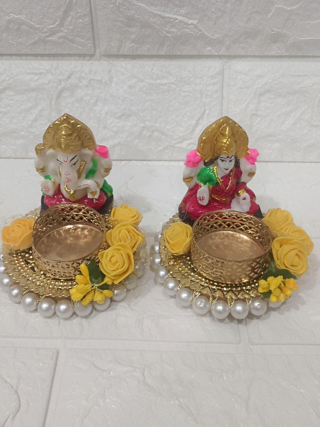 Sellplus 2Pcs White & Yellow Textured lakshmi JI & Ganesh Ji T-Light Candle Holders