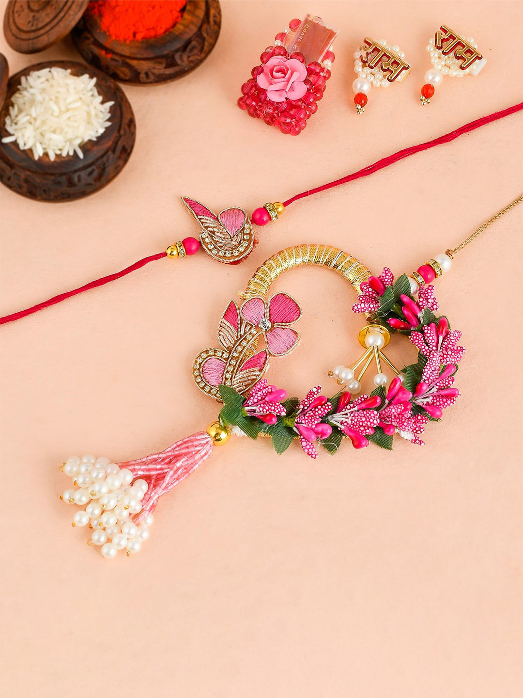 Silvermerc Designs Beaded Bhaiya bhabhi Thread Rakhis With Roli & Chawal