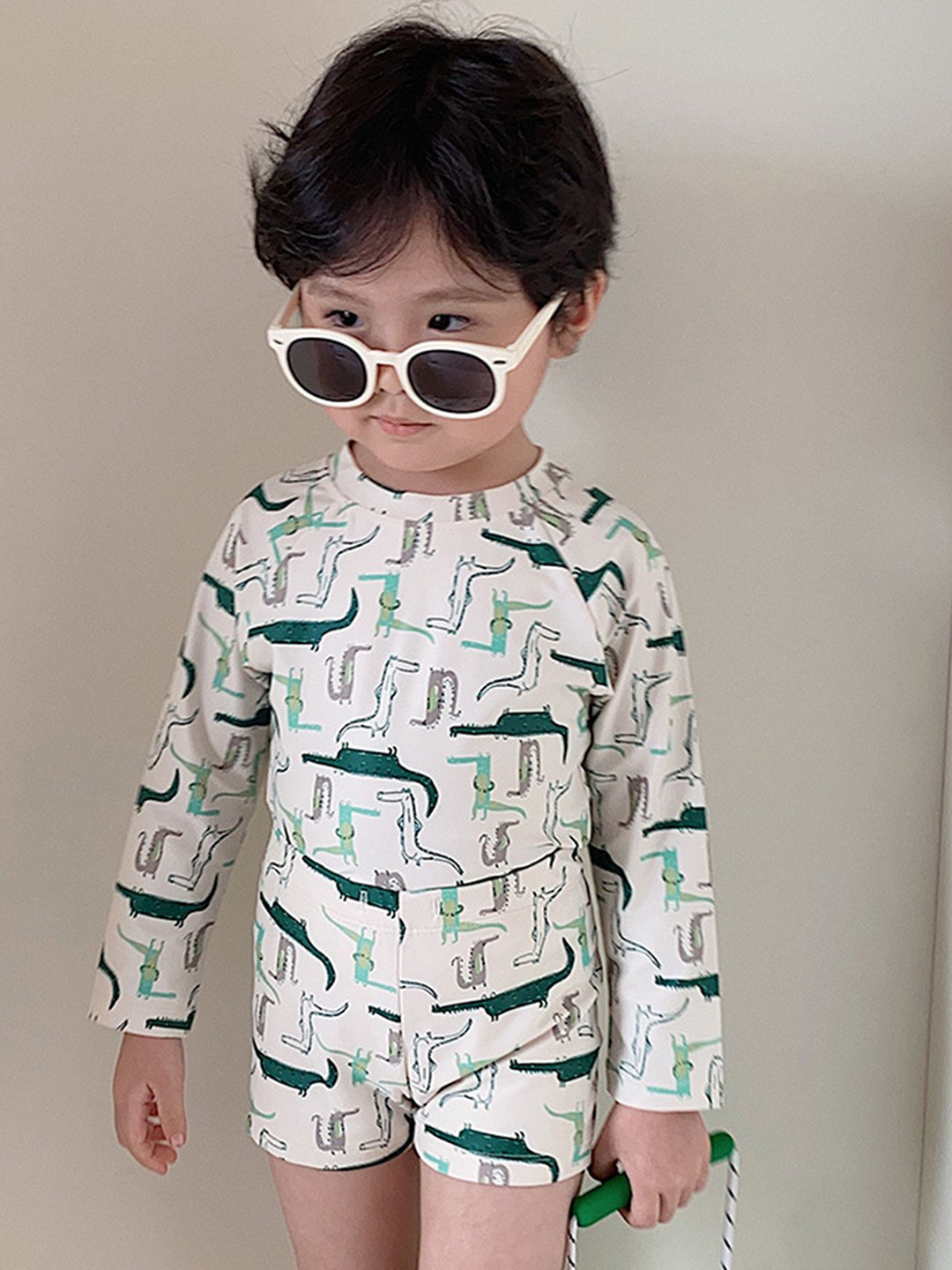 LULU & SKY Boys Animal Printed Round Neck Long Sleeves T-Shirt & Short Swim Set