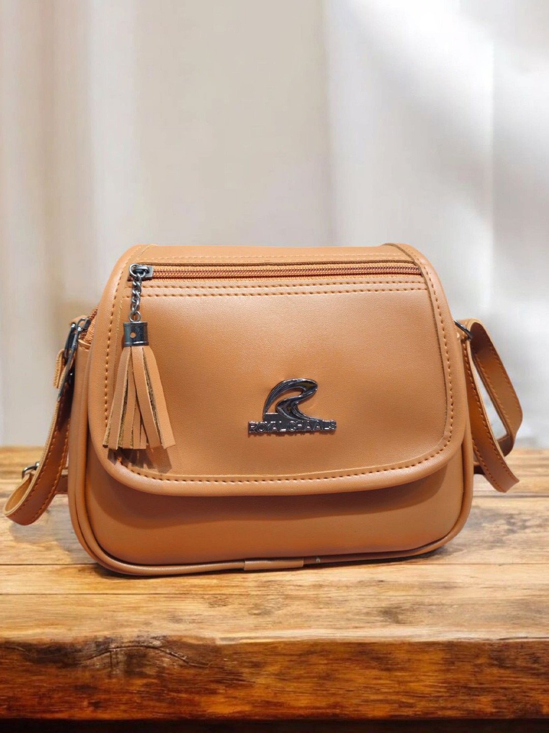 ROYAL CHAALS Brand Logo Self Design Structured Sling Bag With Tasselled
