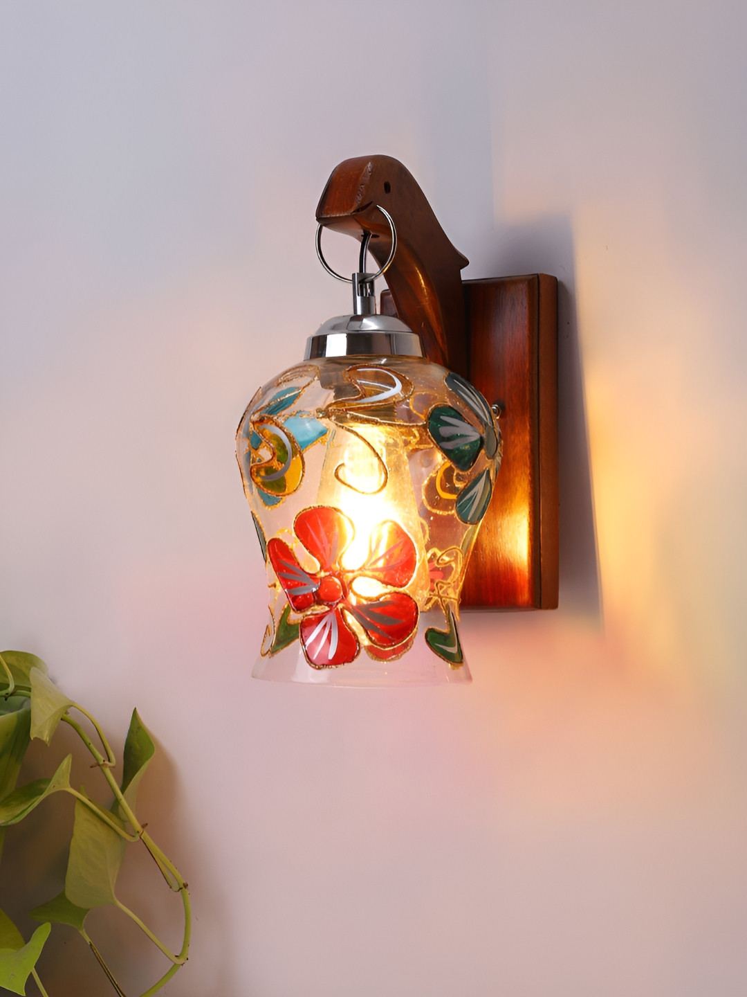 Devansh Red & Blue Textured Wooden Glass Bell Shaped Shaped Wall Lamp