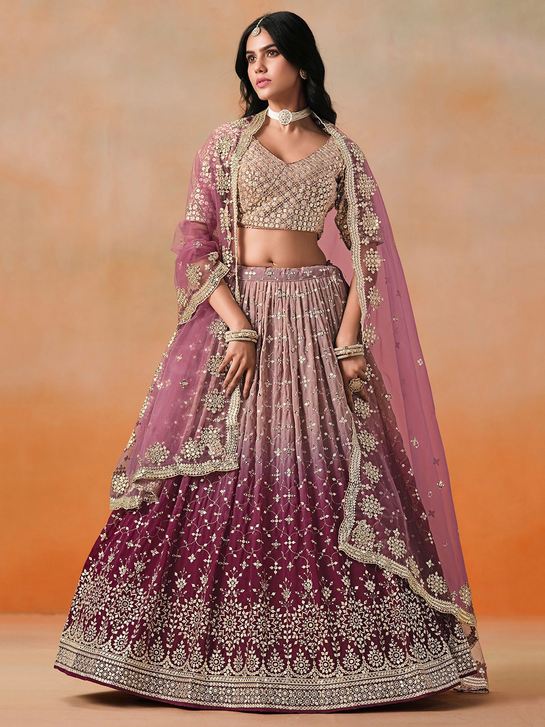ETHNIC PLUS Embroidered Sequinned Semi-Stitched Georgette Lehenga & Blouse With Dupatta