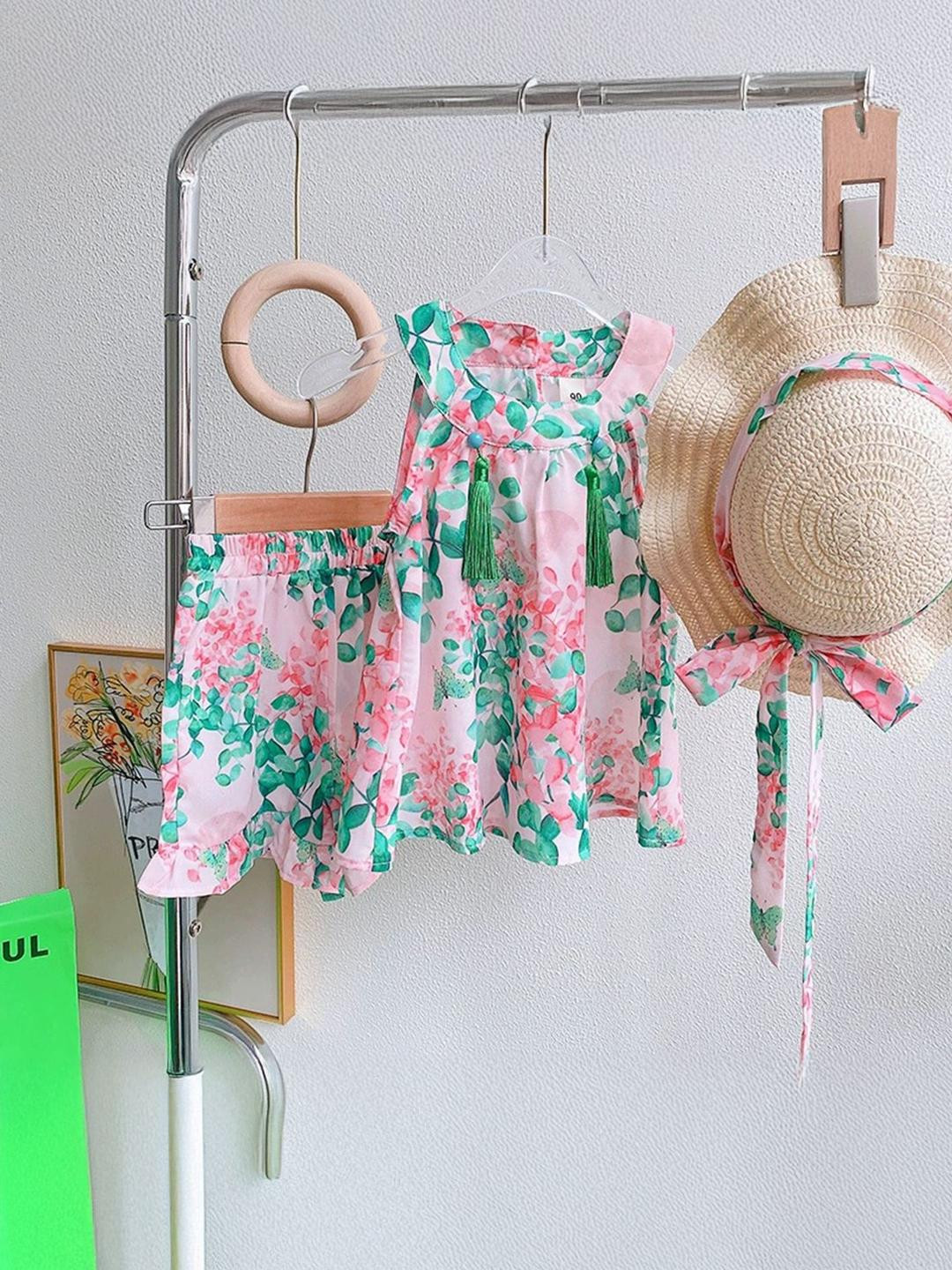 LULU & SKY Girls Floral Printed Top With Skirt & Hat