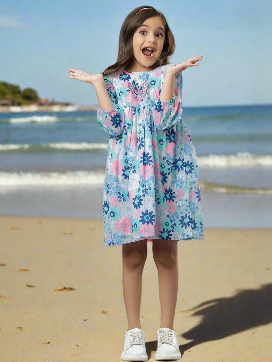 TeenTrums Girls Floral Printed Cotton Puff Sleeve Fit & Flare Dress