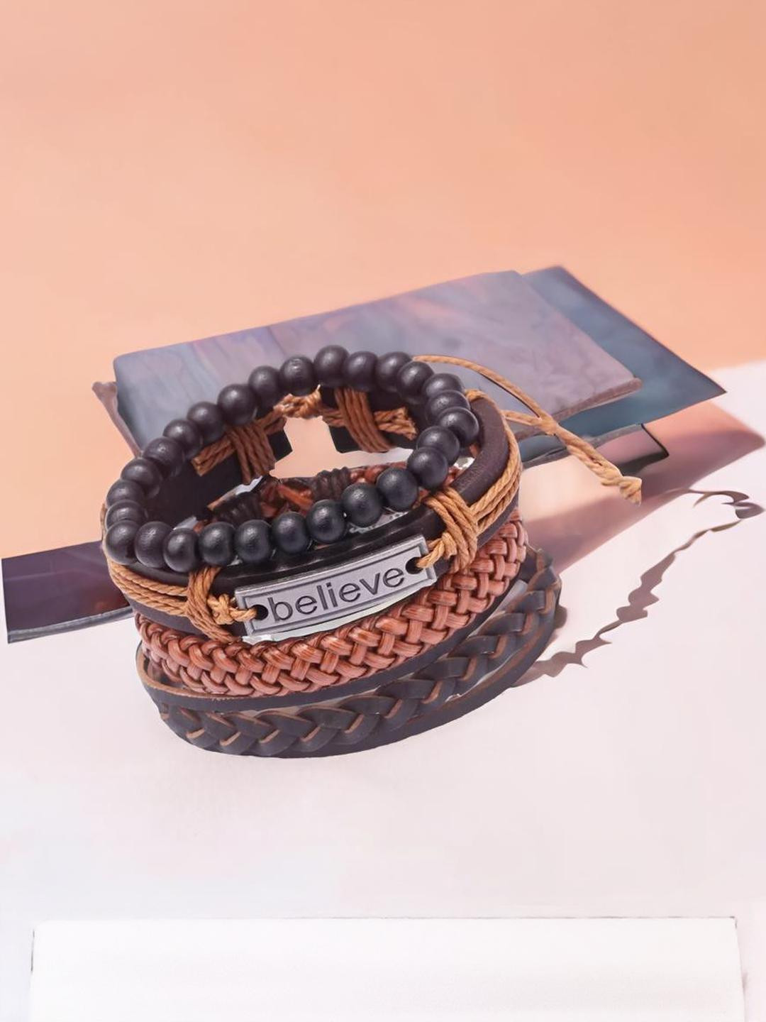 Brown Beaded Belive Leather Bracelet For Men  (Pack of 4)