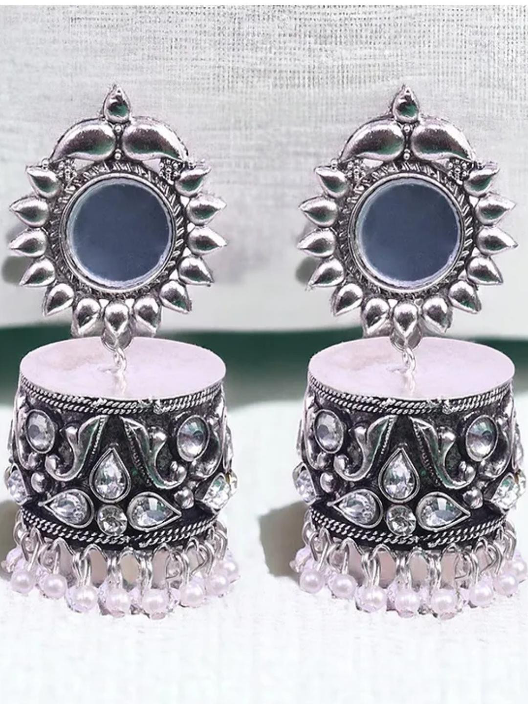 Traditional Mirror Jhumka Earrings, Oxidised Silver Earrings