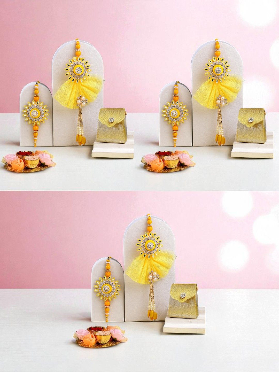 ADIVA Set Of 3 Stones Studded & Beaded Lumba Rakhis With Pooja Thali & Roli Chawal