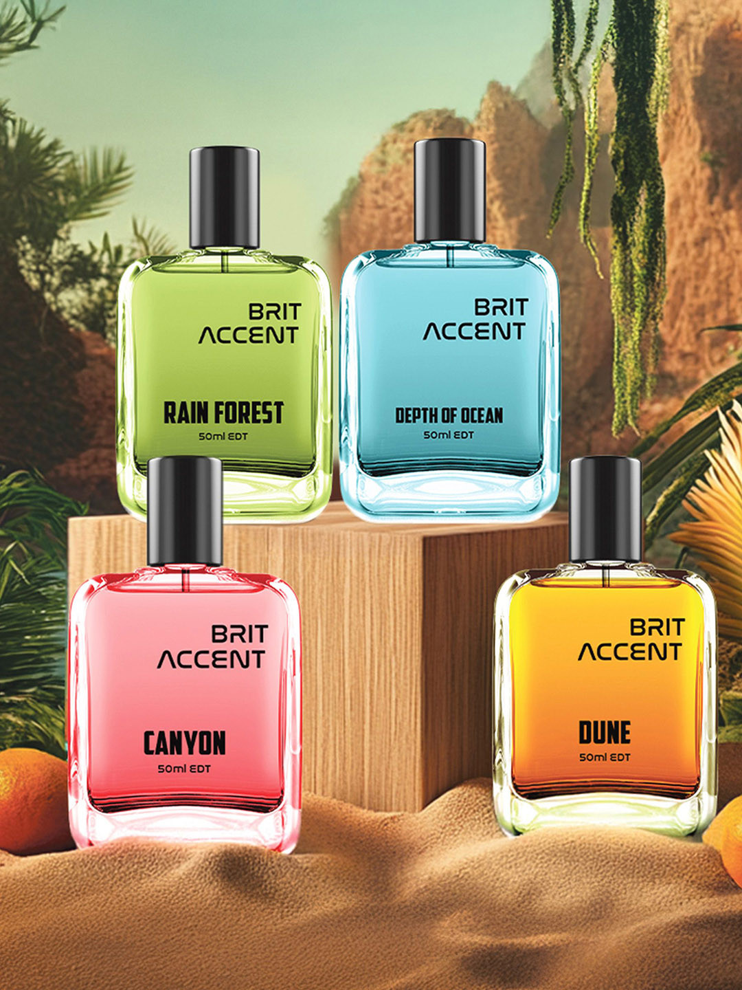 BRIT ACCENT Set Of 4 Rain Forest- Depth Of Ocean- Canyon- Dune Long Lasting EDP-50 ml Each