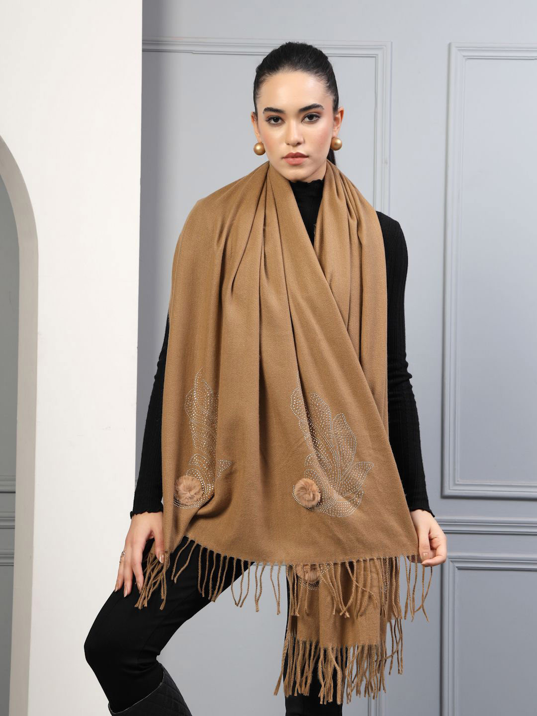 Mafadeny Women Stone Design Woolen Stole with Pom-Pom