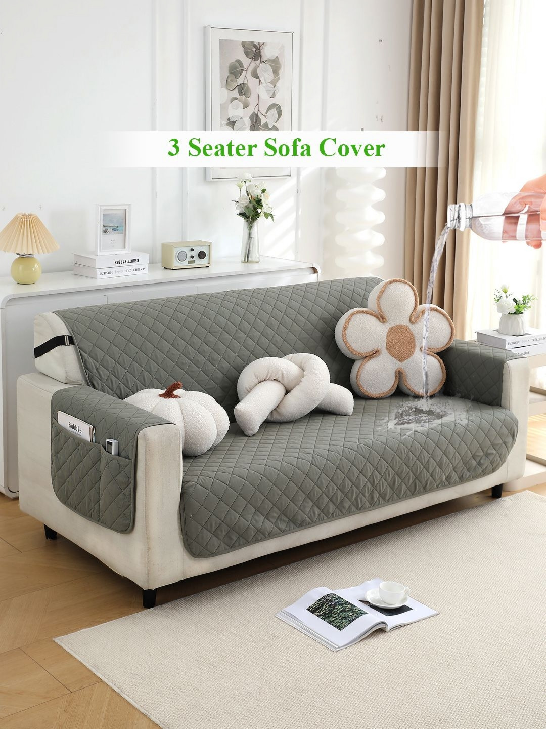 HOKIPO Grey Quilted 3 Seater Sofa Cover Pockets on Armrest Cover