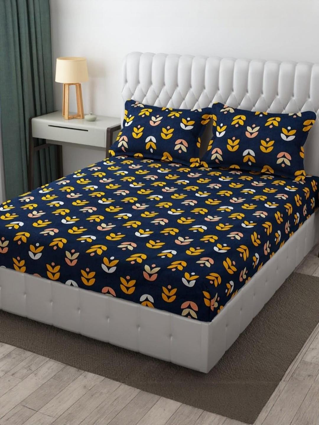 TINDLER KNOTS Black & Yellow Floral 330 TC King Bedsheet with 2 Pillow Covers