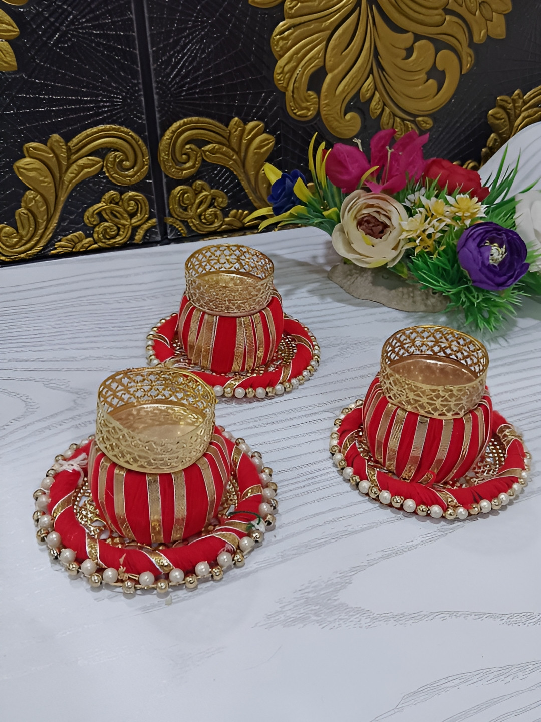 Sellplus 3Pcs Red & Yellow Textured Dholak T-Light Candle Holders