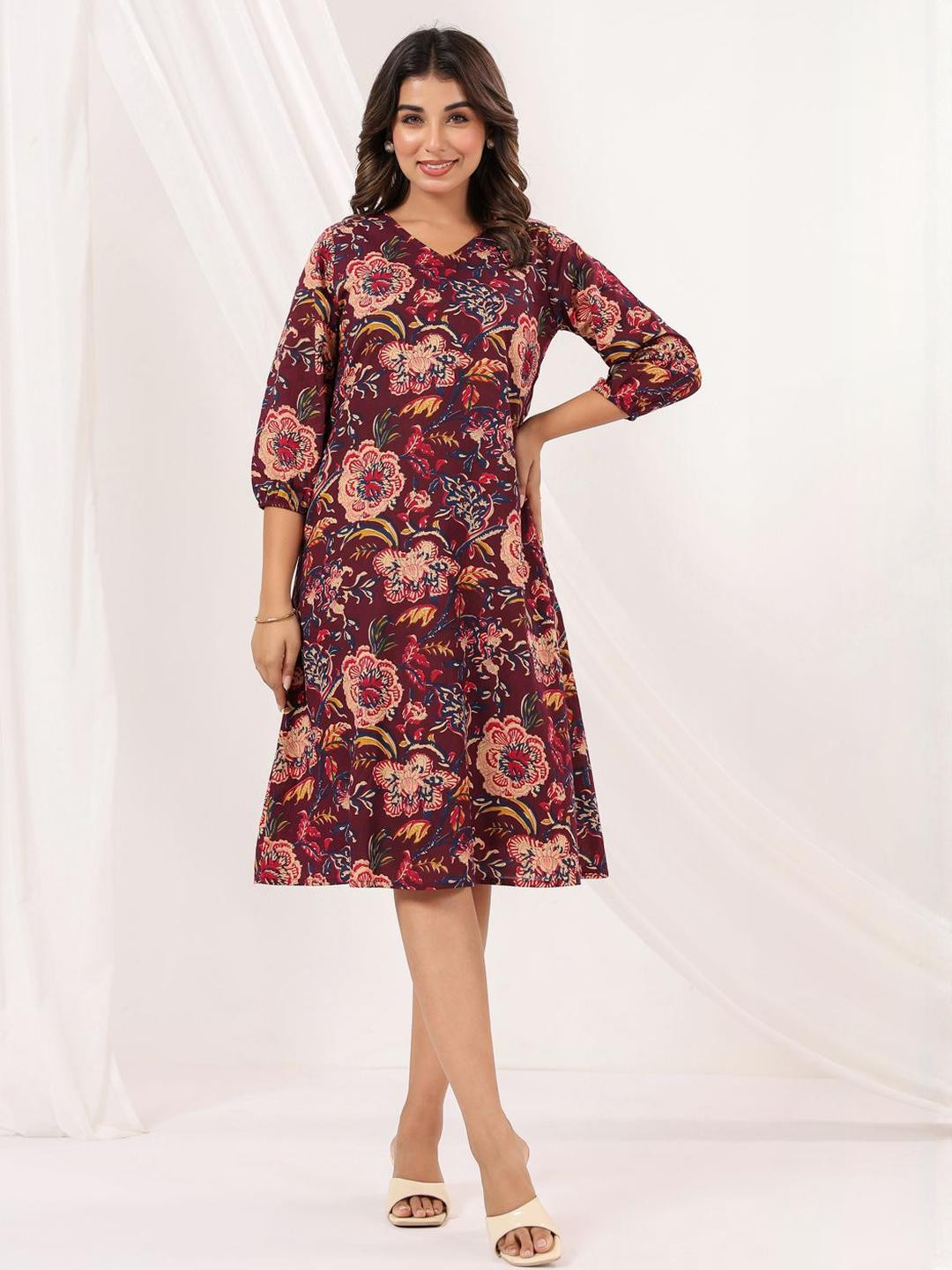 Janasya Women Wine Pure Cotton Floral Printed A-line Dress