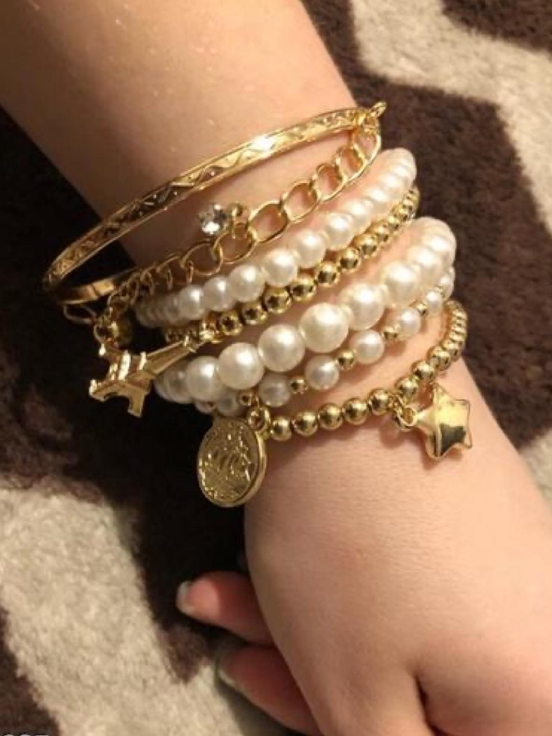 TheVineGirl Gold Plated Pearl Studded Multistrand Korean Bracelet For Women and Girls