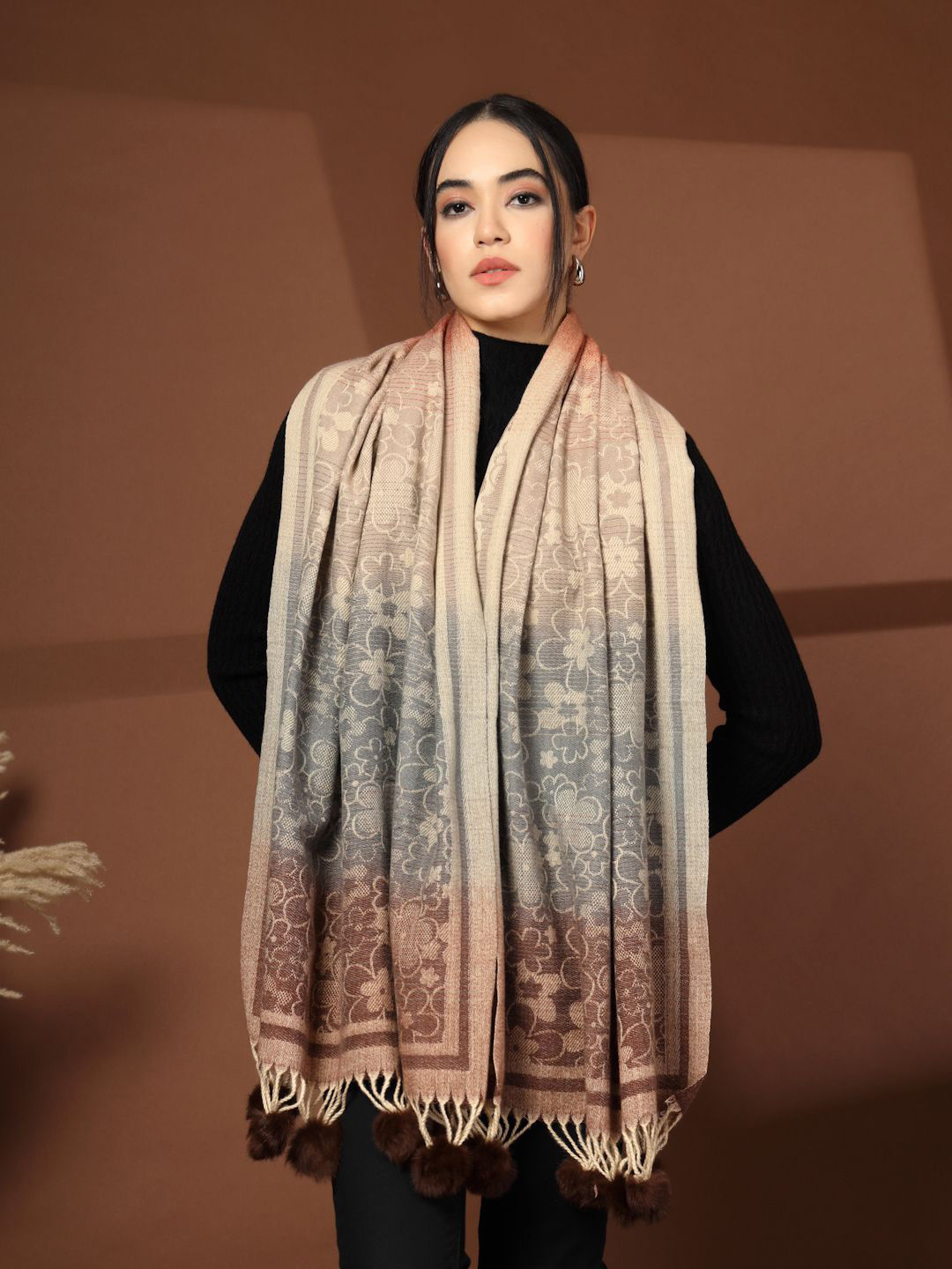 Mafadeny Women's  Floral Pattern and Fur Pom Poms Wool Stole