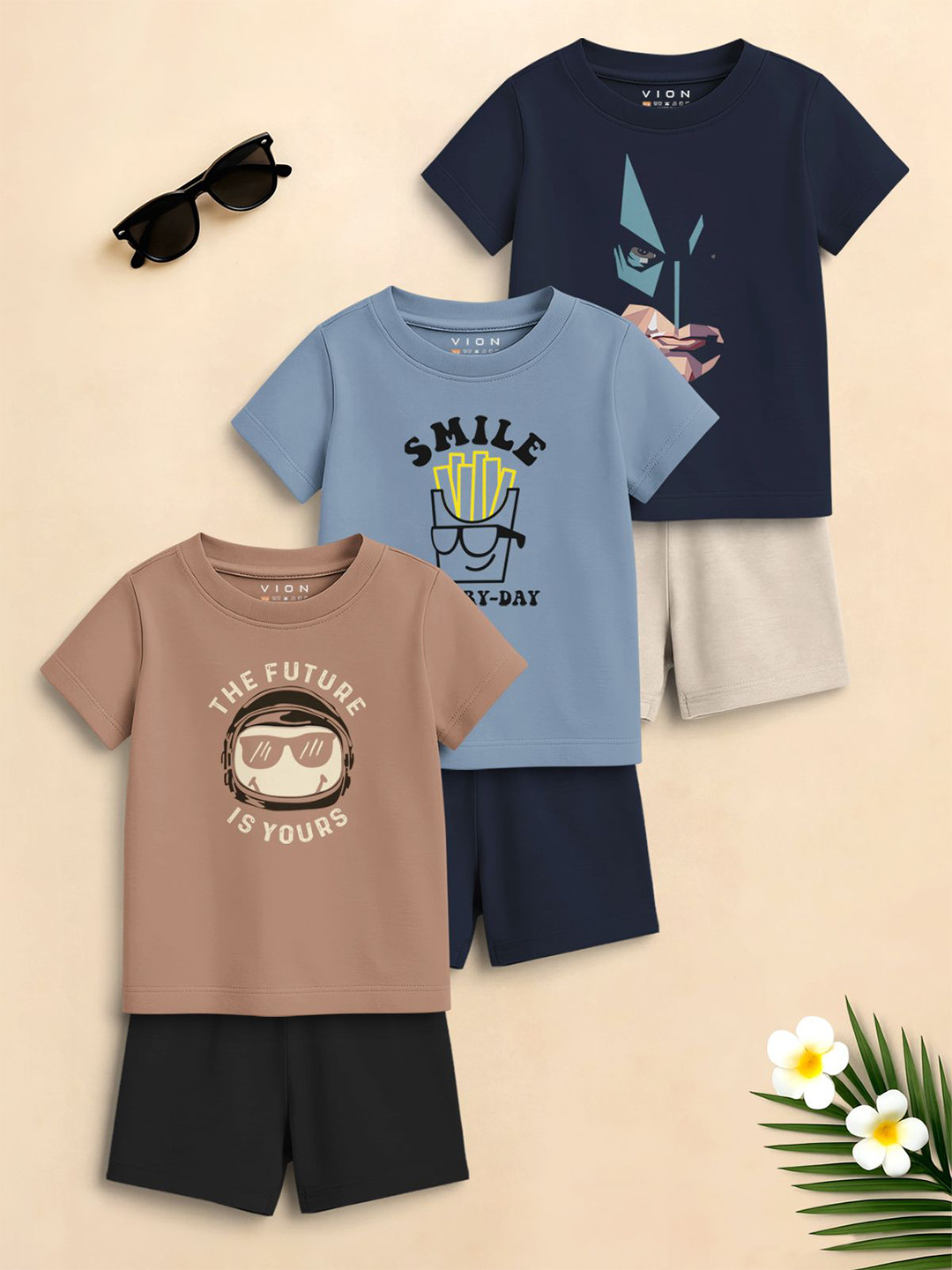 VION Boys Pack Of 3 Printed T-shirt with Shorts Clothing Set