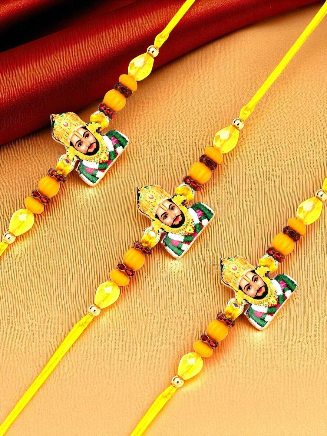 ADIVA Set Of 3 Lord Khatu Shyam Beaded Thread Rakhis With Roli Chawal Chandan & Card