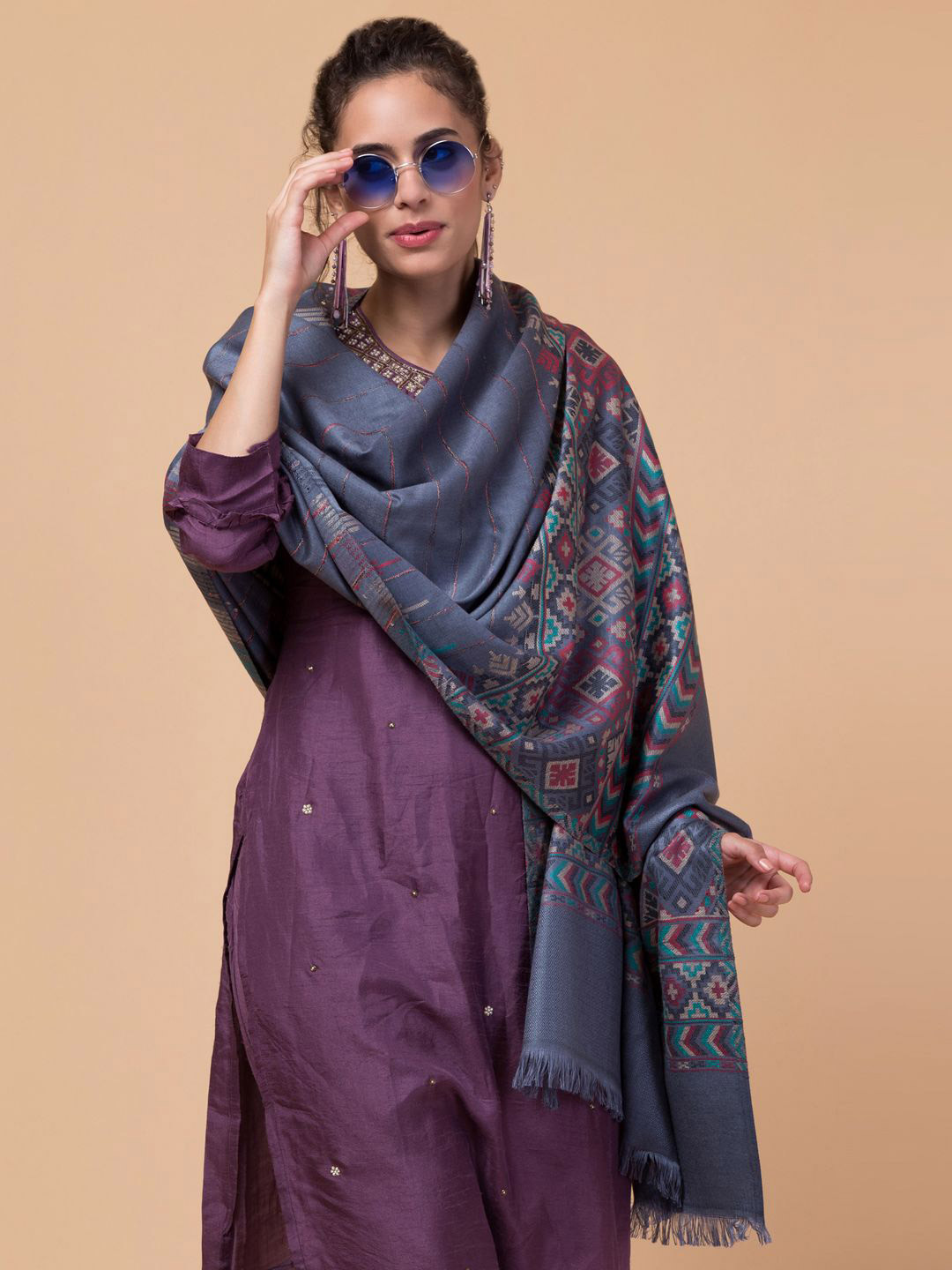 Tweedle Kullu Geometric Woven Design Stole