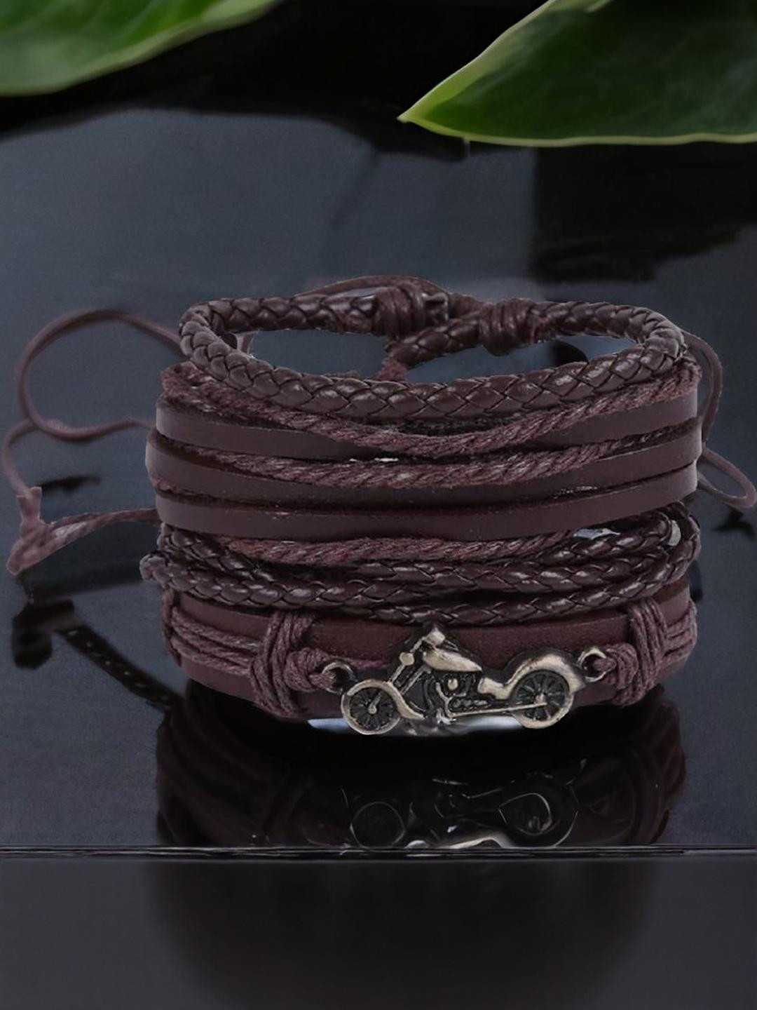 Brown Bike Style Wristband Leather Bracelet For Men (Pack of 4)