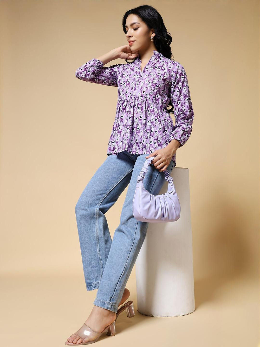 Istyle Can Women Peacock Motif Print Mandarin Collar Puff Sleeve Cotton Top